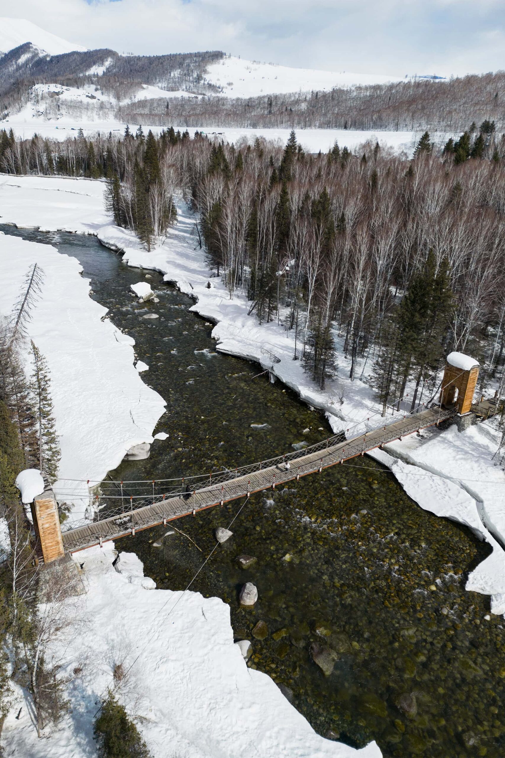 Drone-captured view of Hemu’s Aid Xinjiang Suspension Bridge