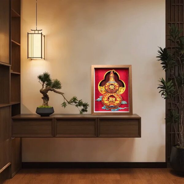 Delicate 3D Paper Artwork of a traditional fortune gourd complemented by a miniature bonsai on a dressing table
