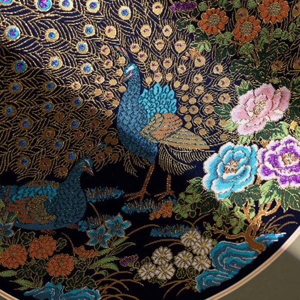 Close-up of the intricate details in this national intangible heritage Nanjing Yunjin silk brocade peacock embroidery