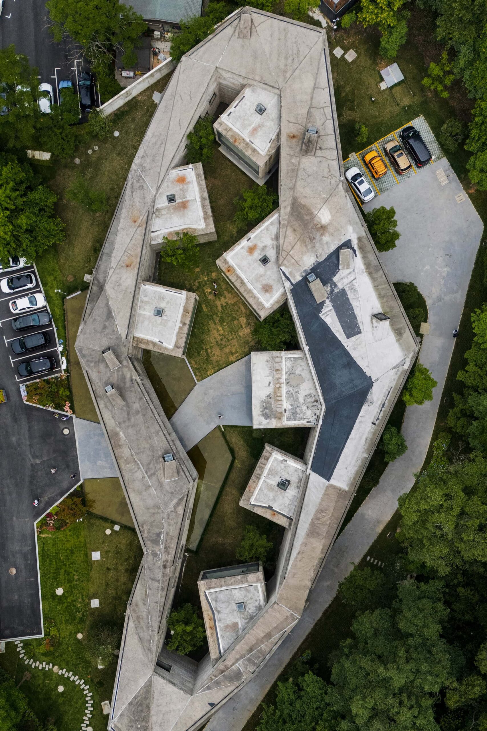 Aerial view of the Xiao Feng Art Museum in Hangzhou, showing its angular architecture