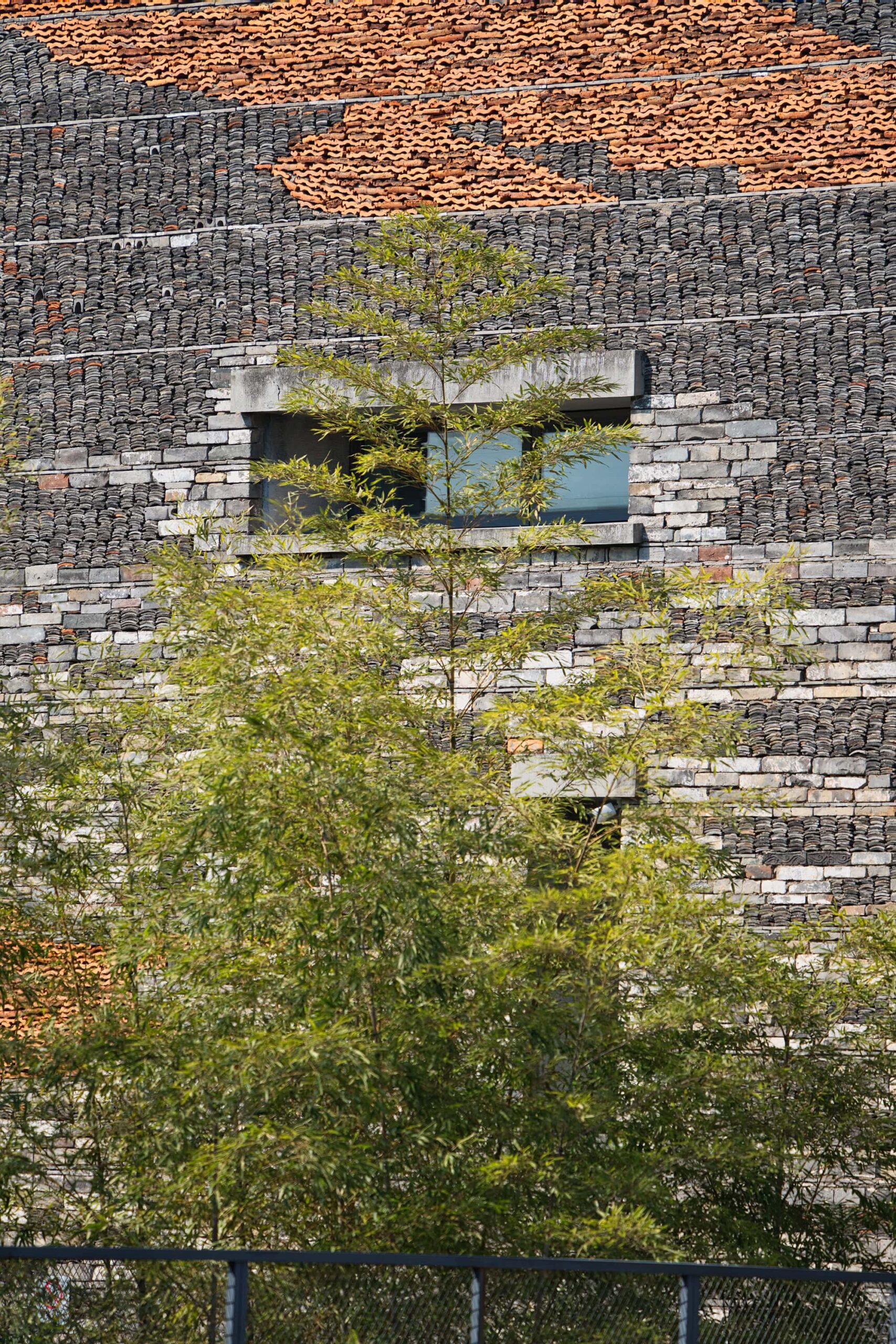 Bamboo accents complementing the textured walls of Ningbo Museum's rooftop