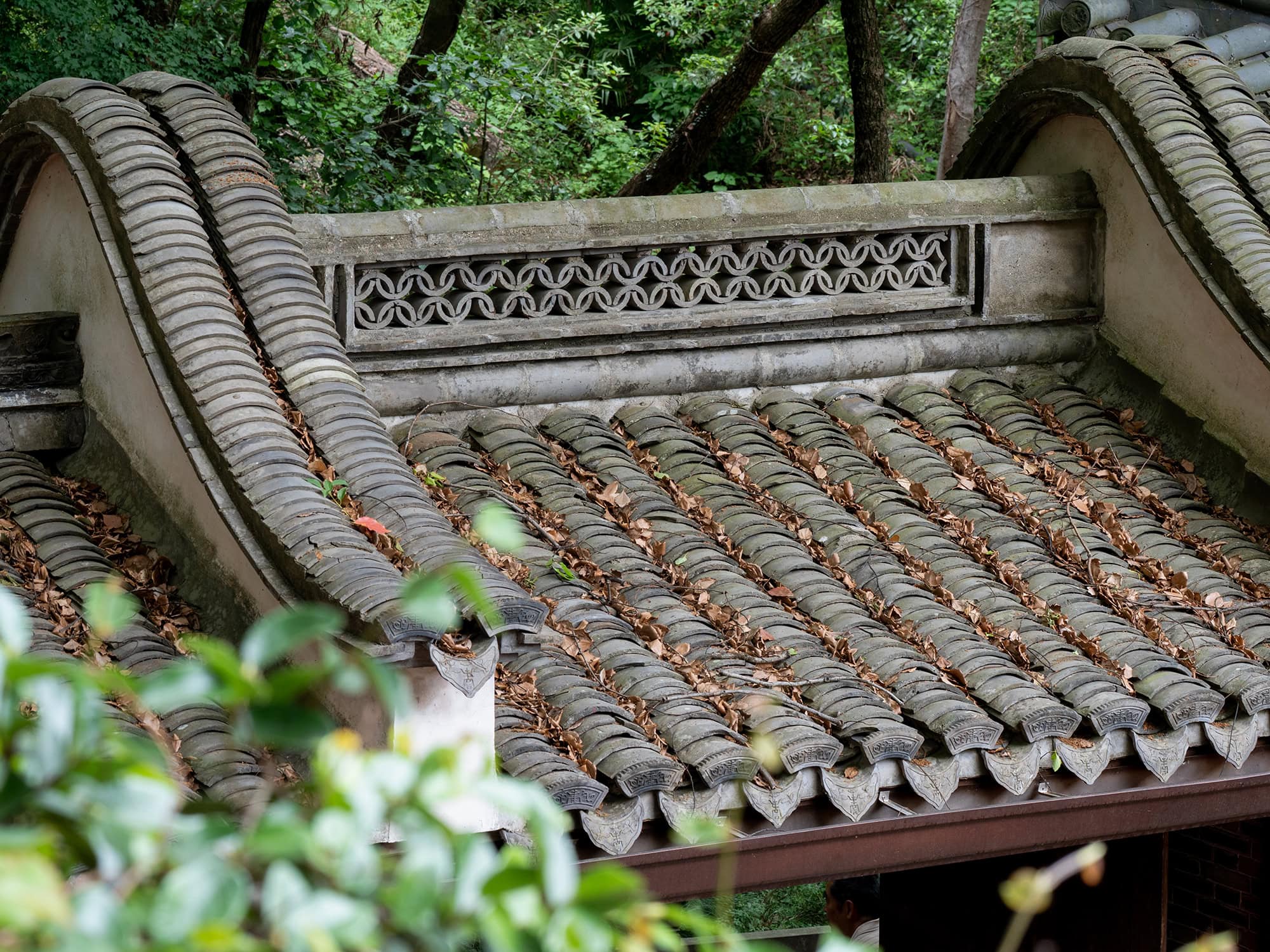 Sweeping curved roof structure with precisely laid ceramic tiles