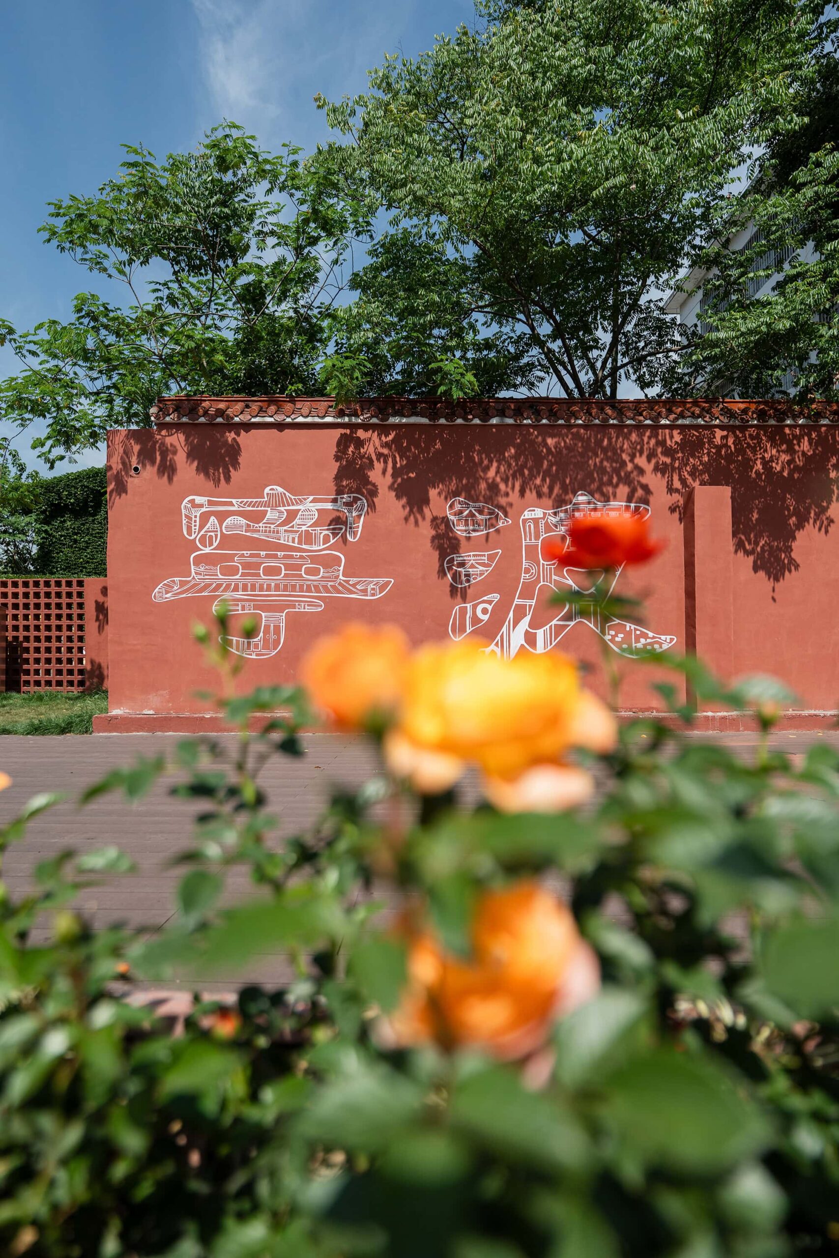 Traditional red wall with Ningbo characters near Chenghuang Temple