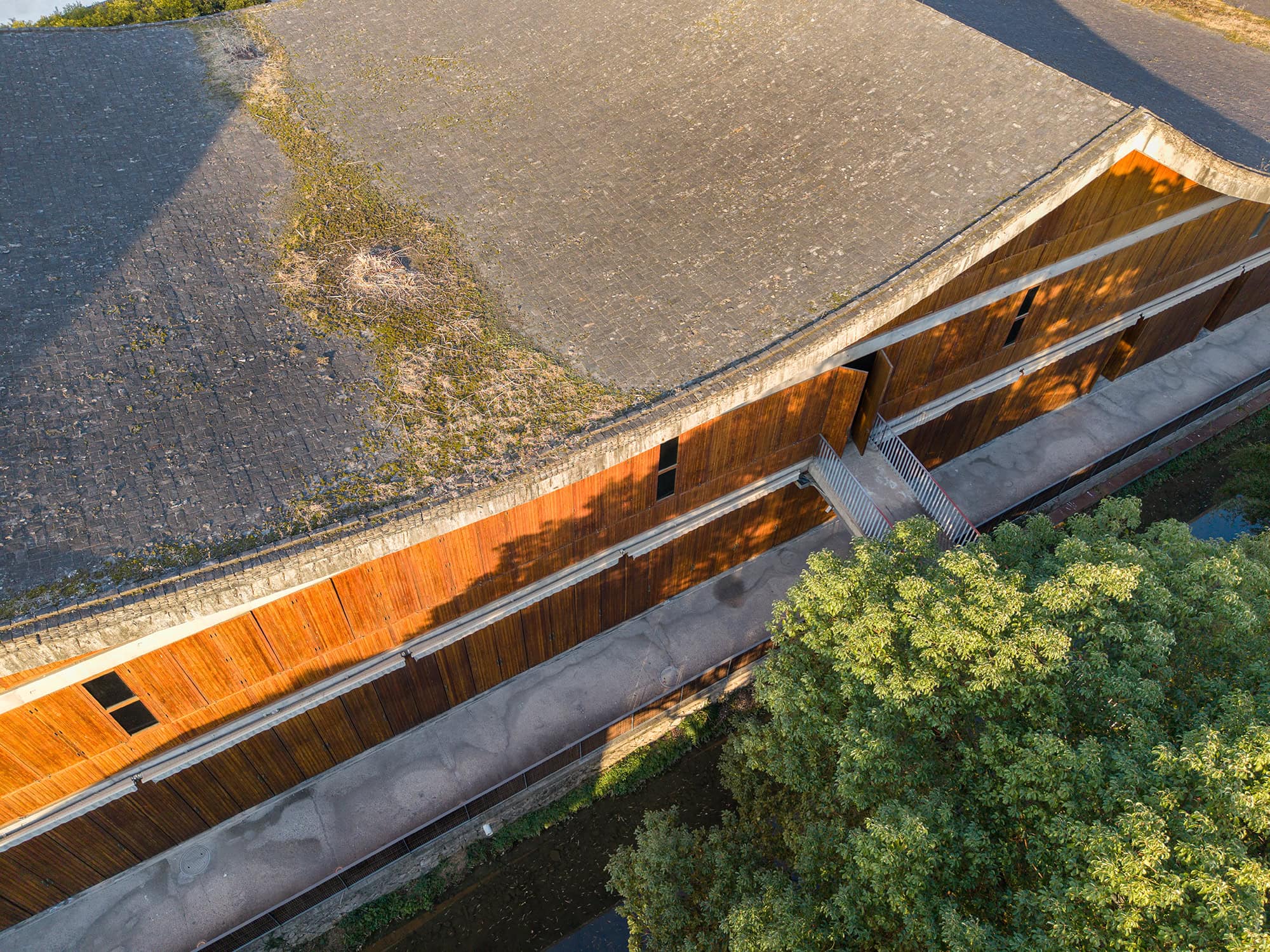 Aerial view of the roof and upper level of a teaching facility at China Academy of Art’s Xiangshan Campus