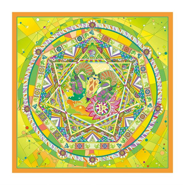 Close-up detail of Wensli silk scarf featuring intricate zodiac constellation pattern design