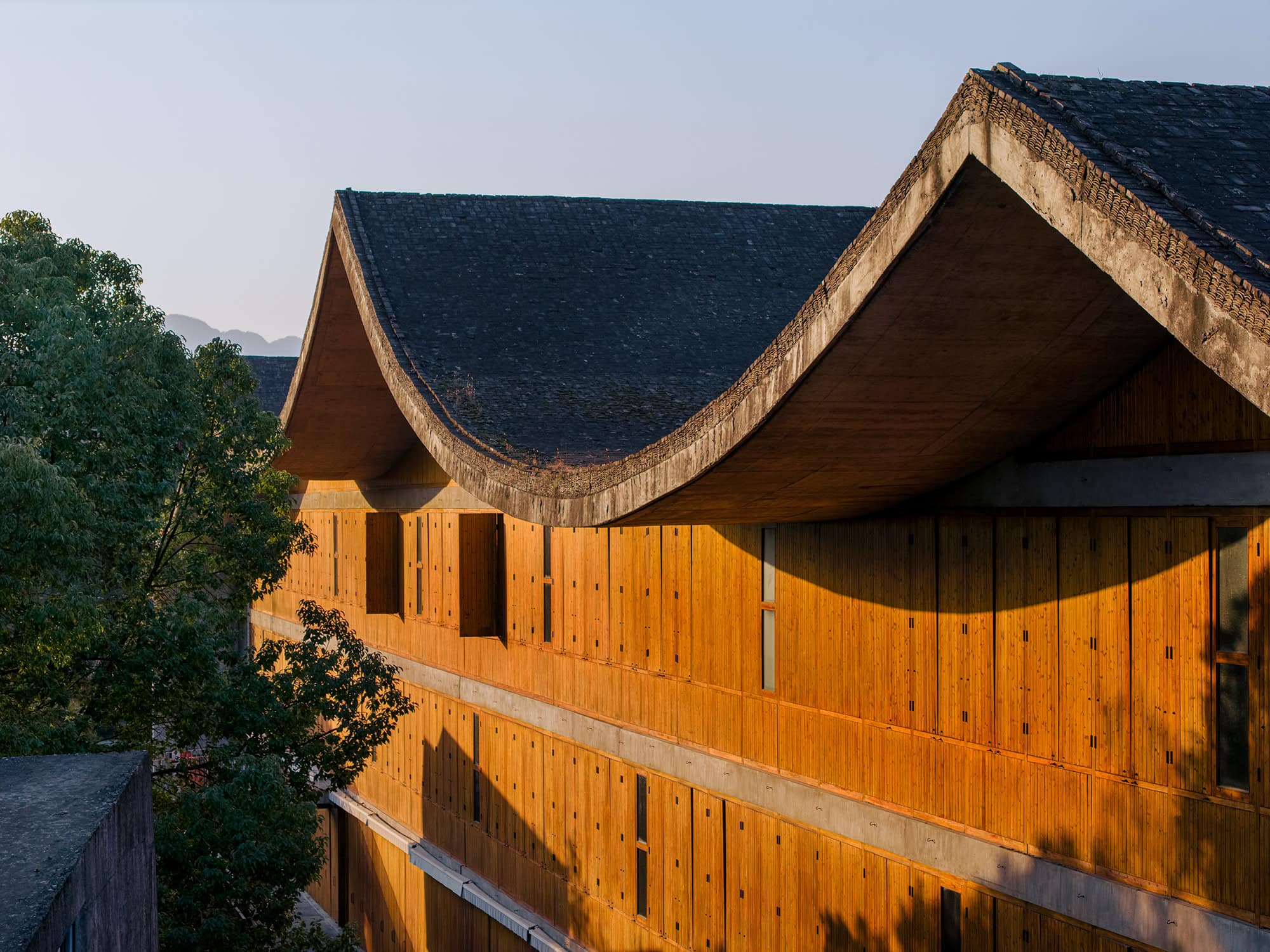 Distinctive curved roof architecture of a teaching building at Xiangshan Campus, China Academy of Art, Hangzhou