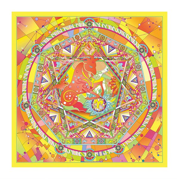 Vibrant Wensli Silk Scarf from the 12 Zodiac Constellations Collection featuring Aries, with a dynamic ram illustration and fiery geometric patterns