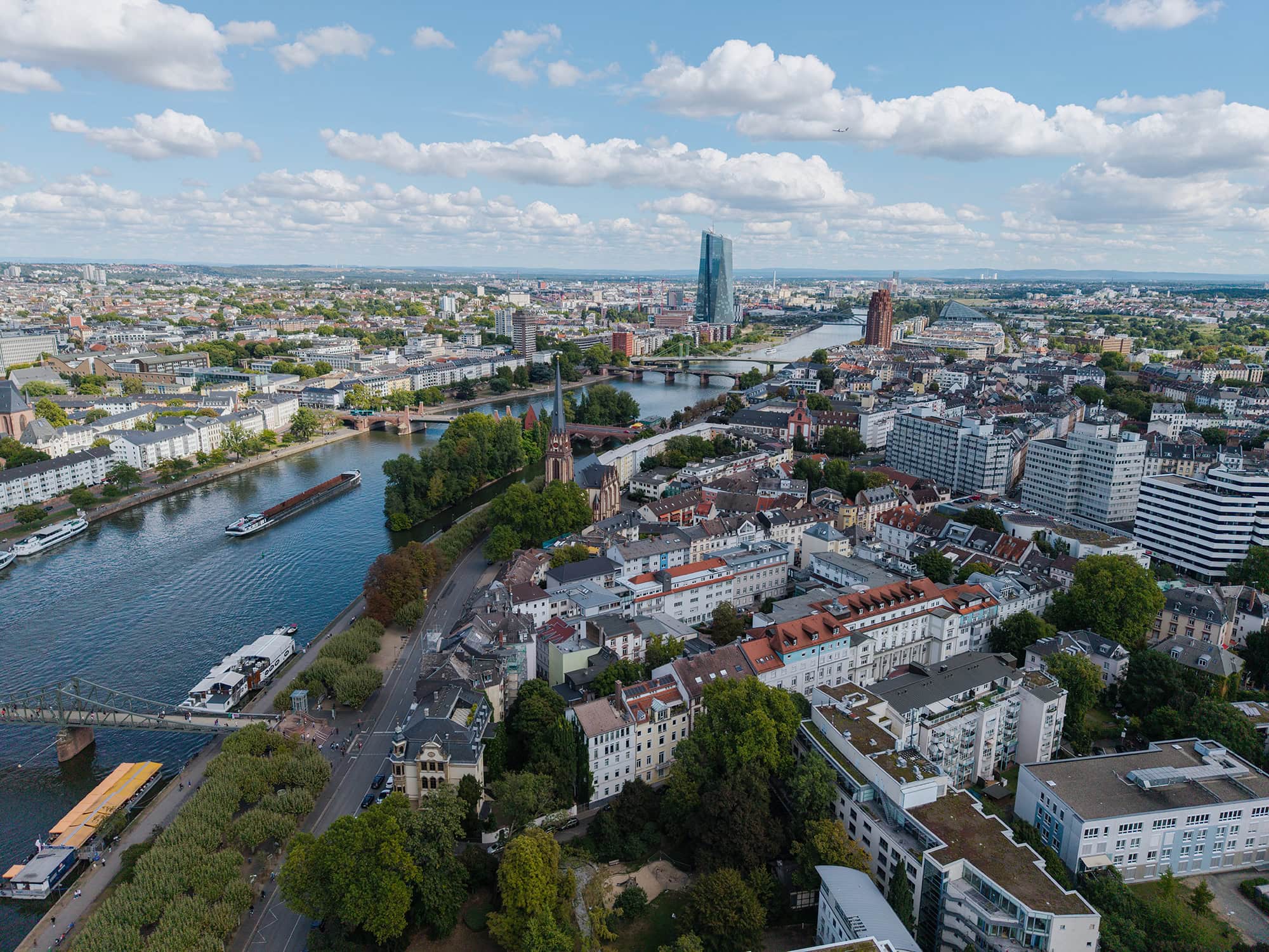 Aerial view of Frankfurt along the Main River with the European Central Bank building