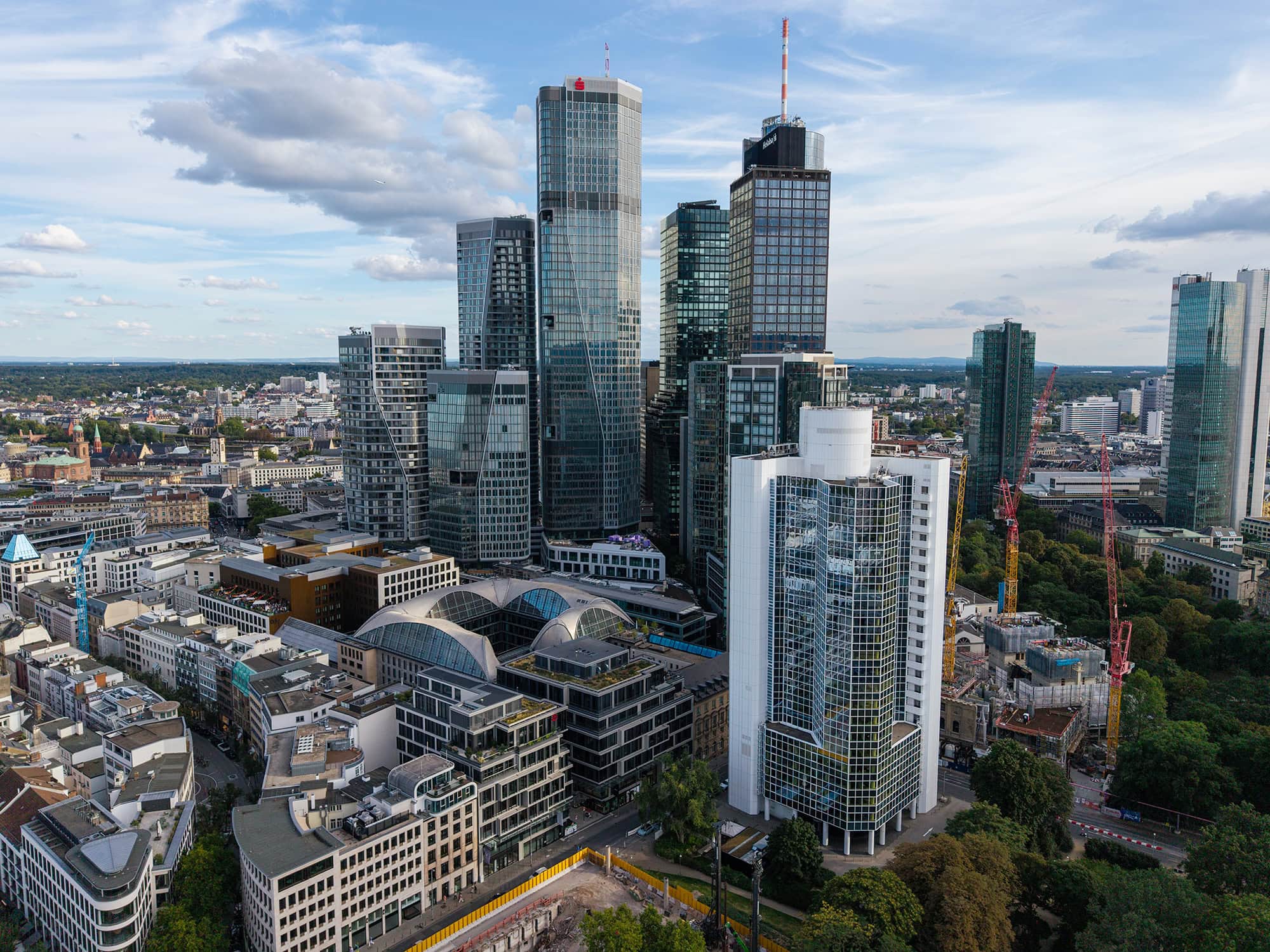 Aerial view of Frankfurt financial district with modern skyscrapers and downtown skyline