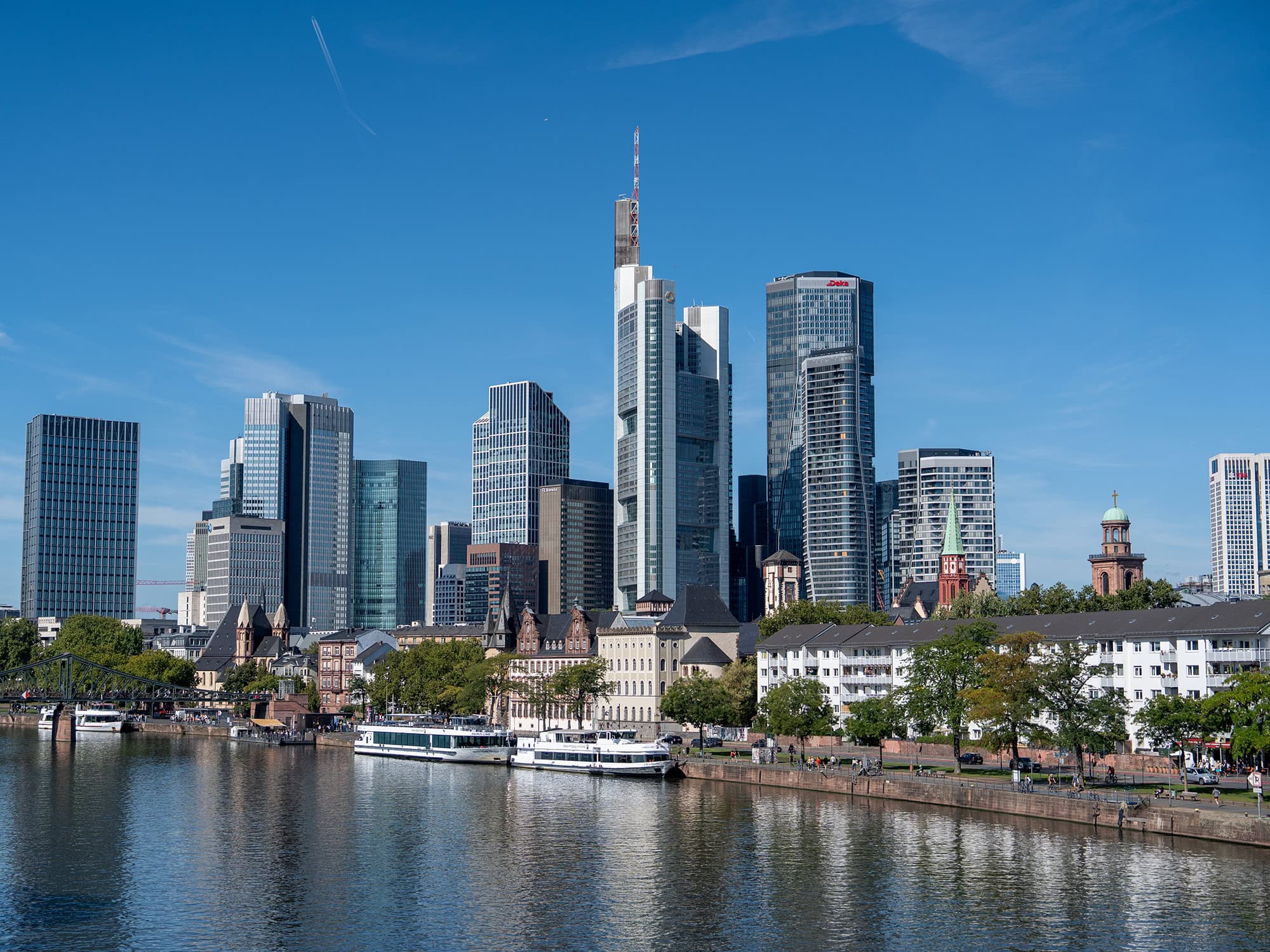 Contemporary skyscrapers of downtown Frankfurt seen from the Museumsufer