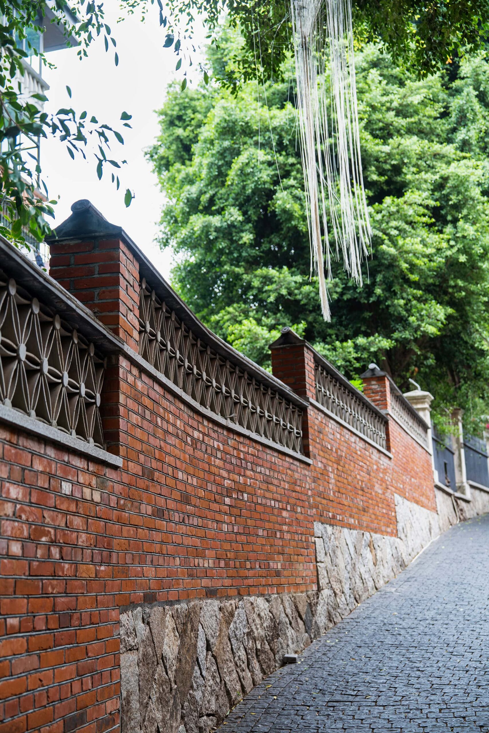 Curved red-brick wall and tassel-adorned leafy trees lining a cobblestone path on Yantai Hill