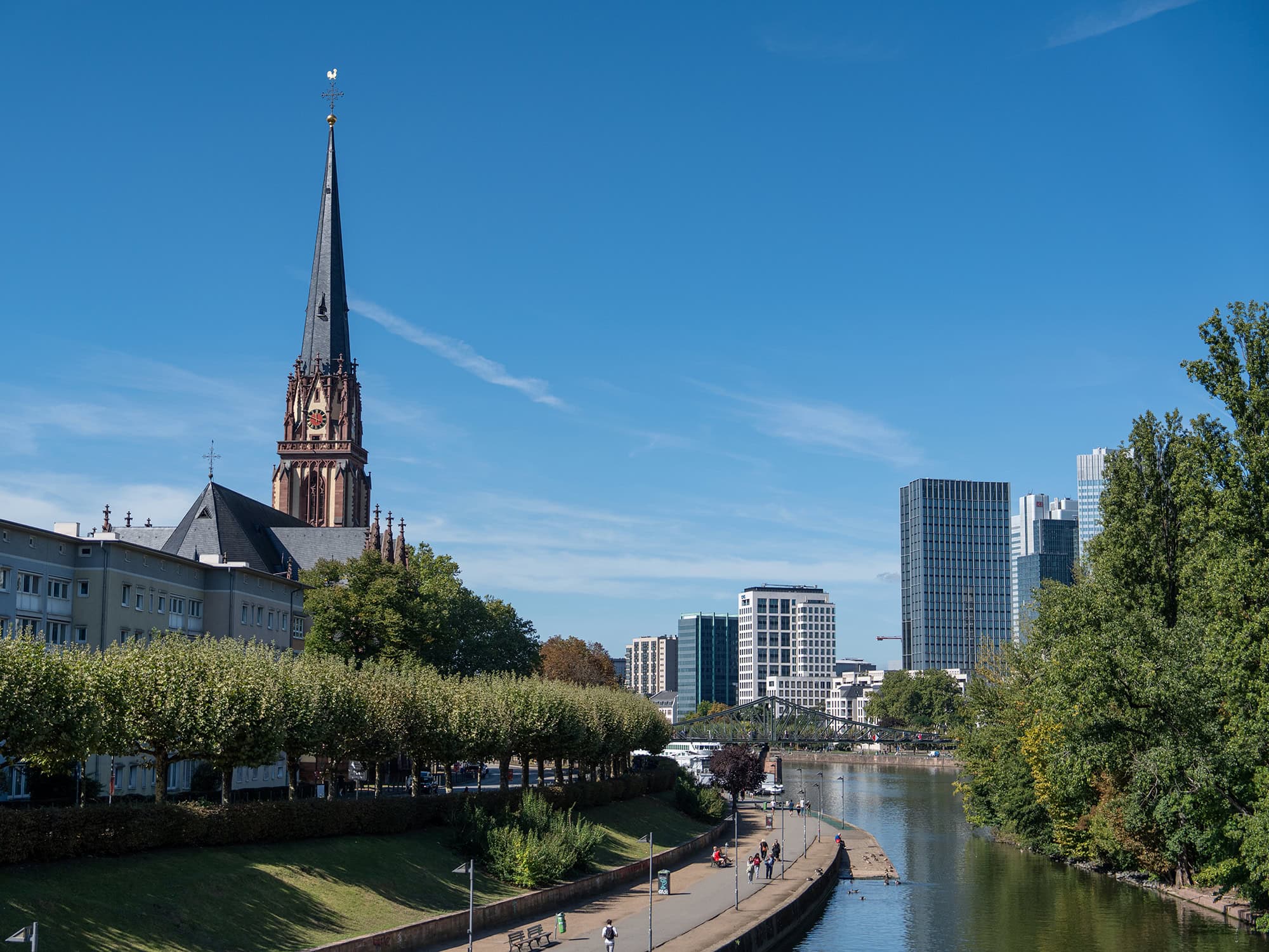 Dreikönigskirche Church rising above the Main River in Frankfurt