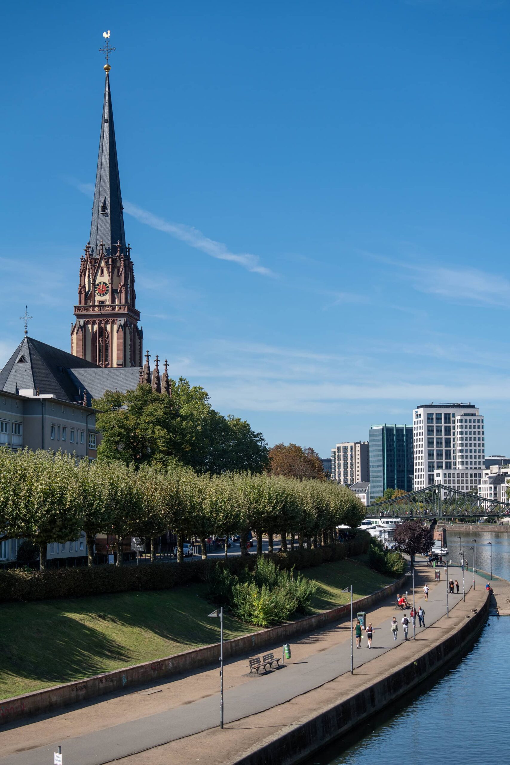Frankfurt skyline from Sachsenhausen with Dreikönigskirche Church of the Three Kings and modern towers in the background