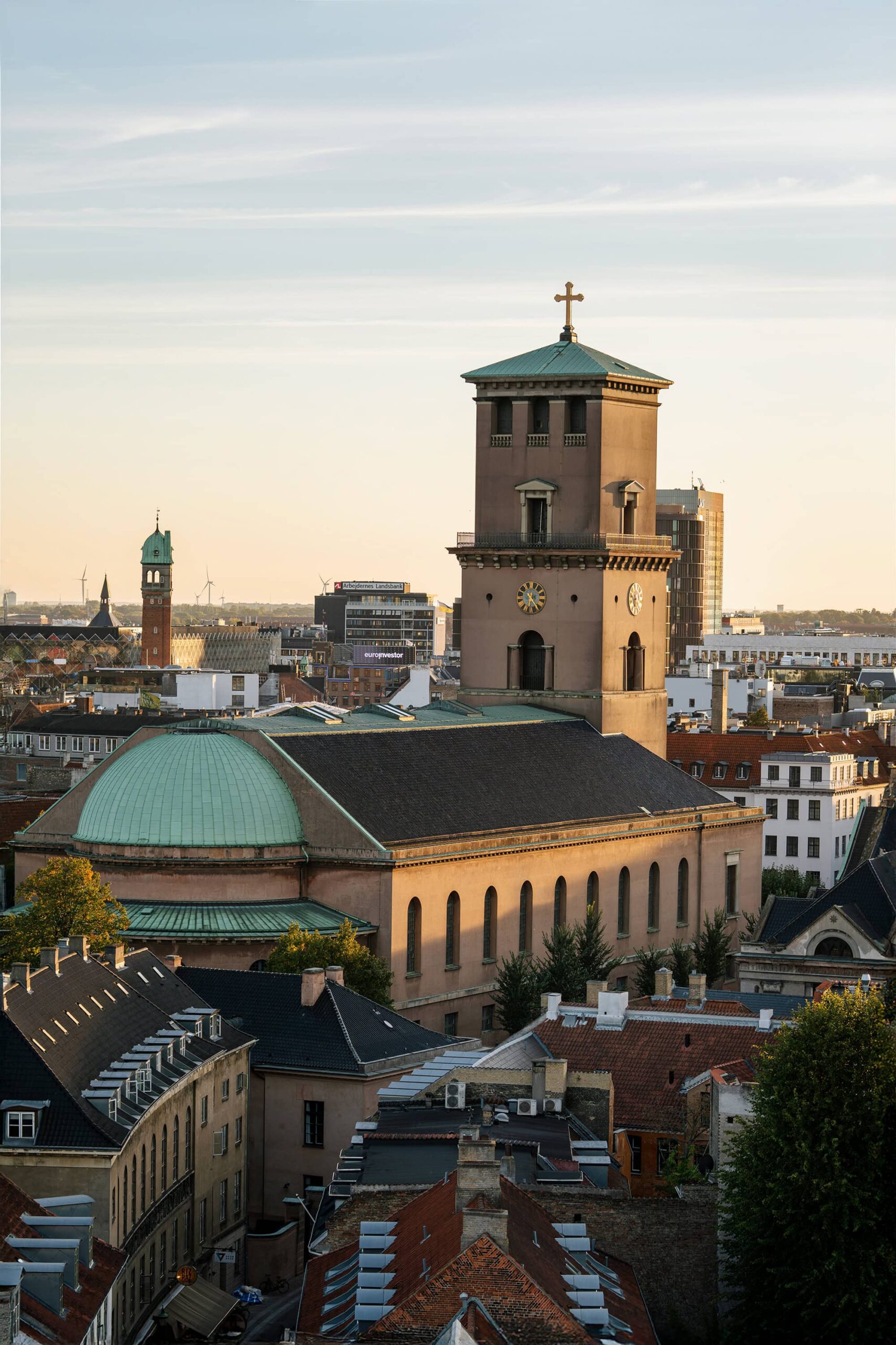 Panoramic sunset view of Copenhagen from the top of Rundetaarn, the Round Tower