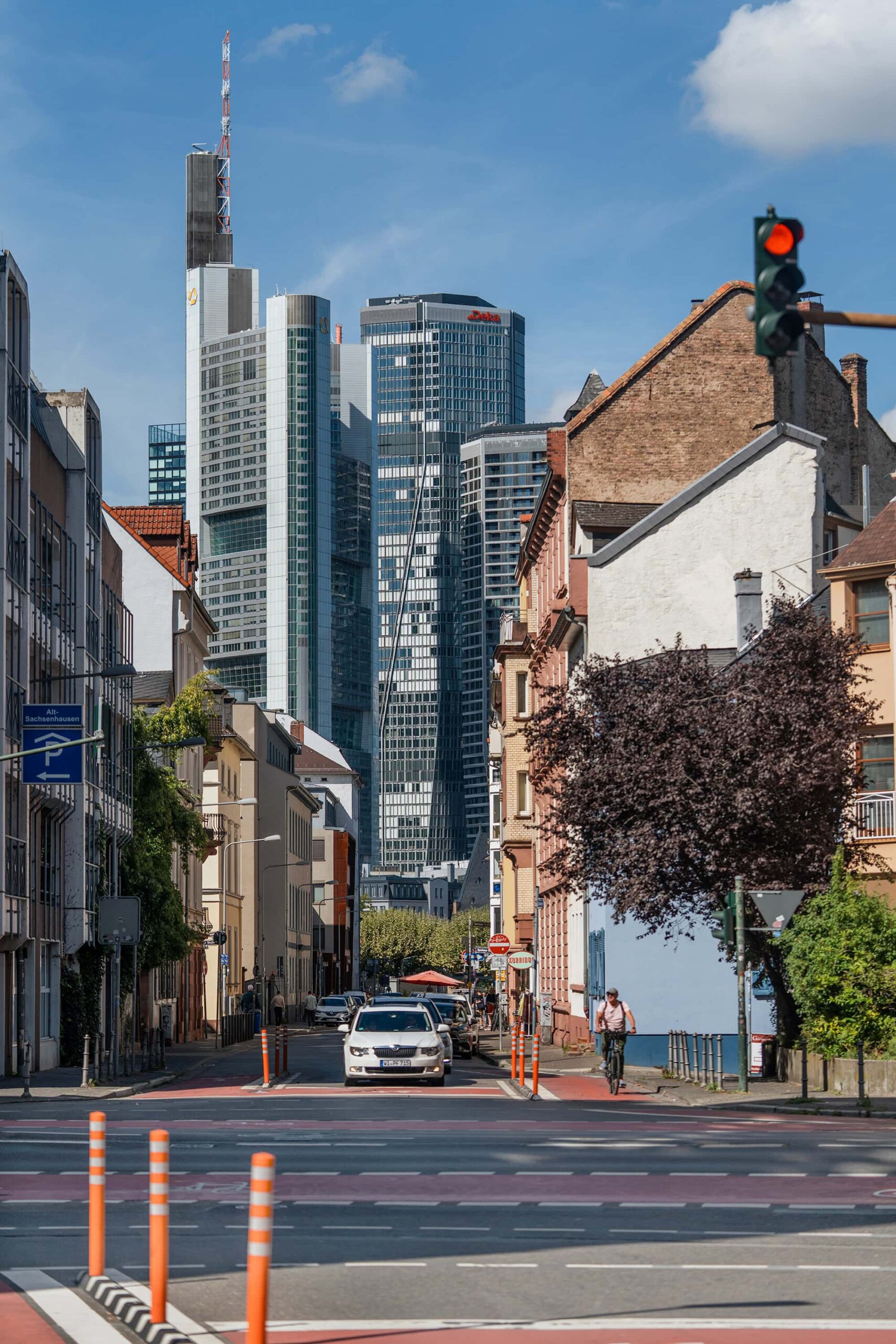 Street scene leading into Frankfurt’s financial district with skyscrapers ahead, illustrating the urban side of a frankfurt travel guide
