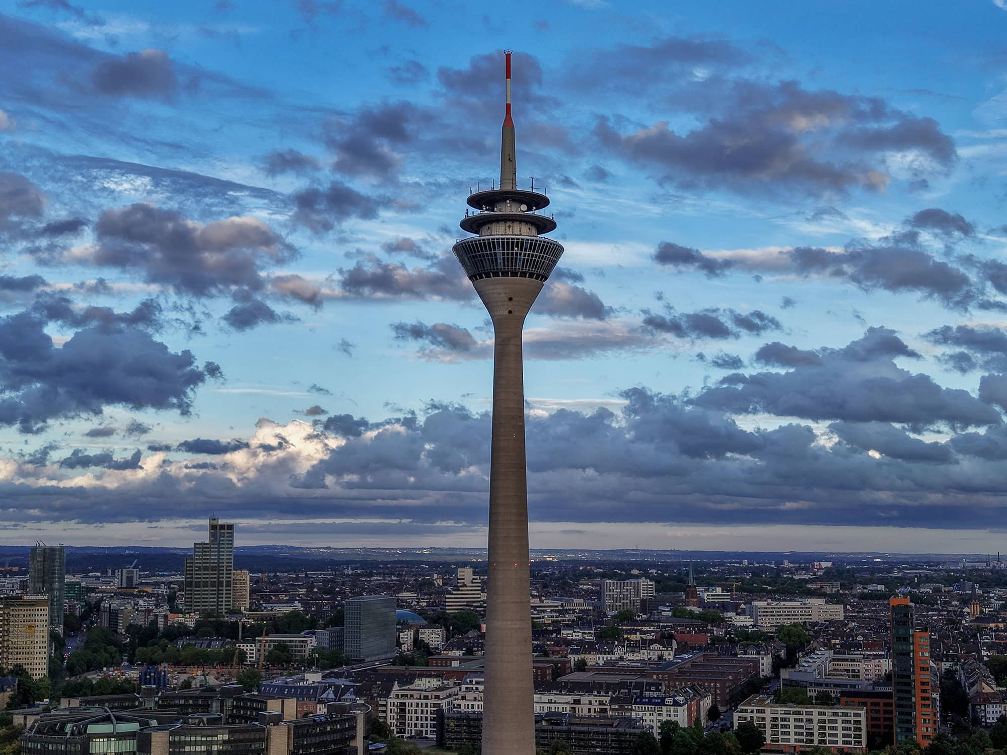 The Rhine Tower Düsseldorf stands tall above the riverfront
