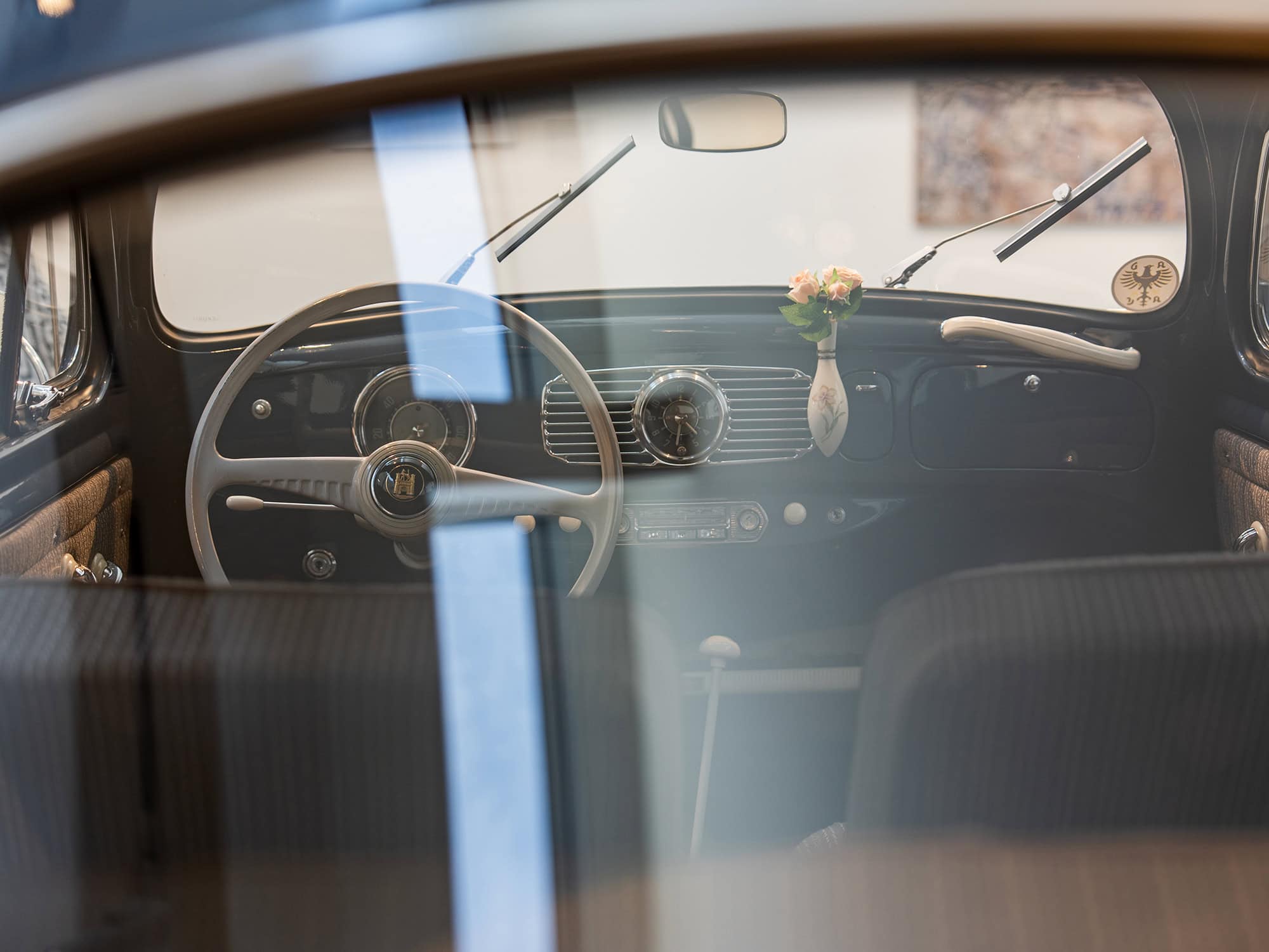 Volkswagen Beetle car interior displayed at Museum Kunstpalast, Düsseldorf Germany