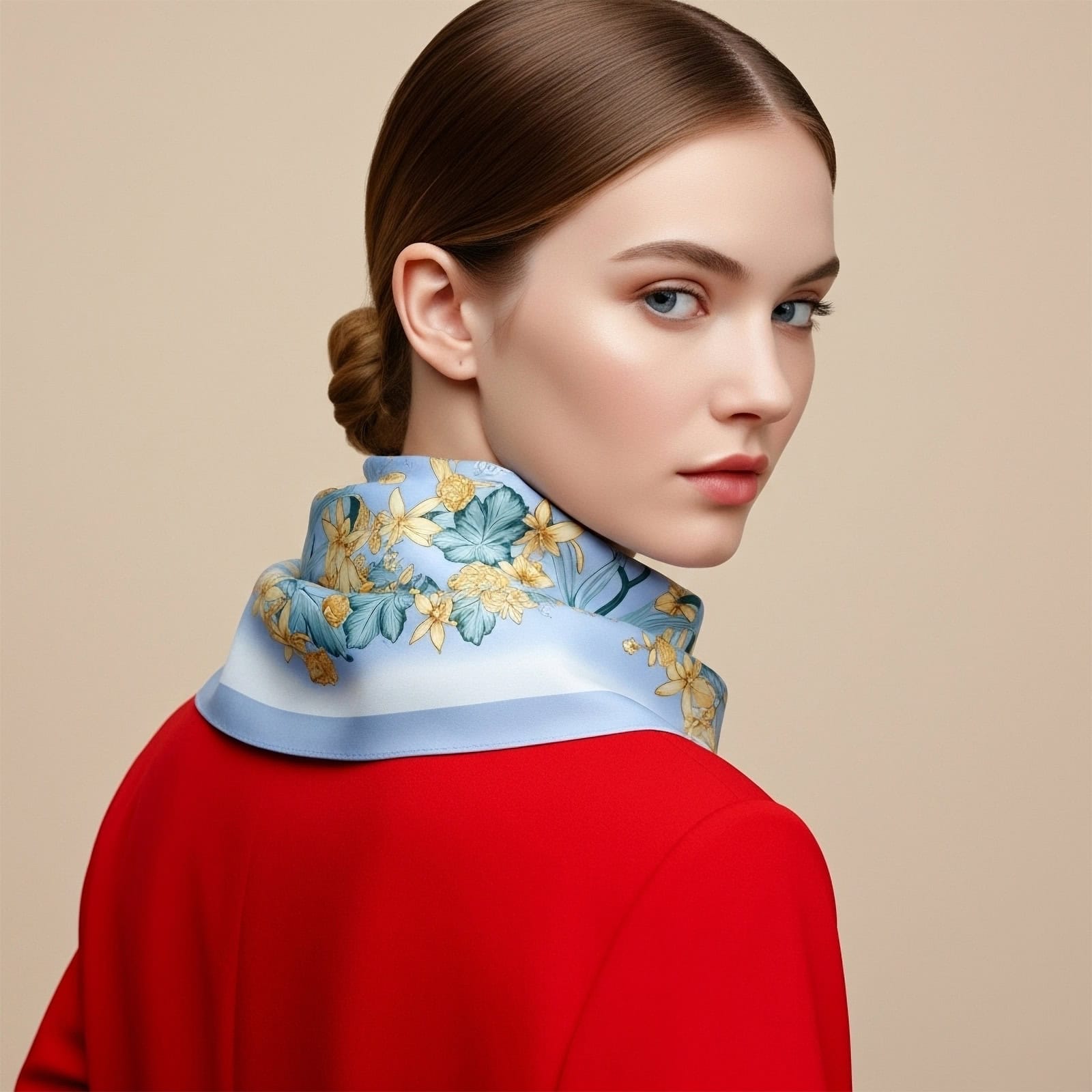 Back view of Wensli floral neck scarf highlighting gold and blue floral motifs and the subtle sheen of premium silk