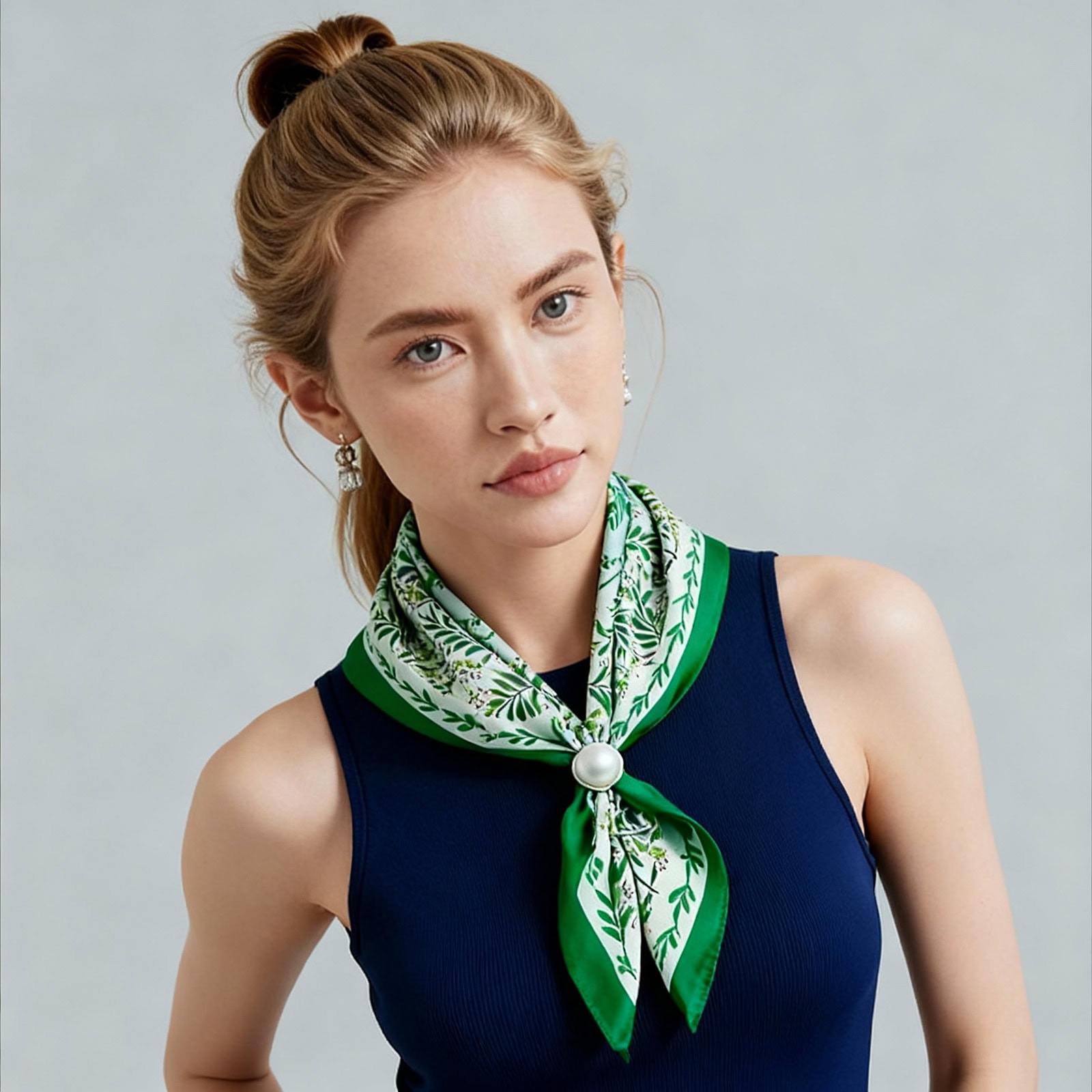 Close-up of Shanghai Story green floral scarf made of 100% mulberry silk