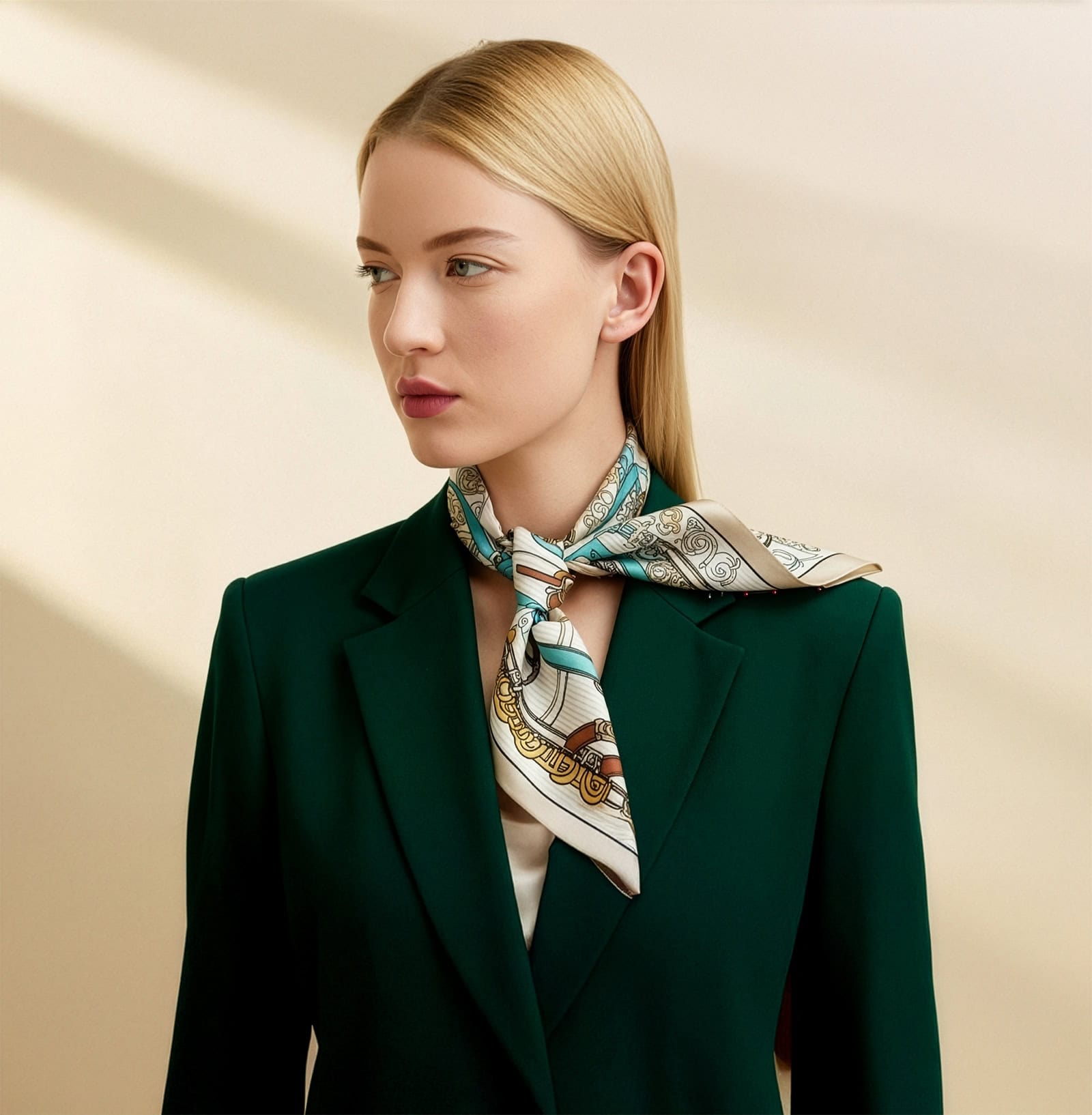 Close-up of Wensli silk square scarf styled on model in green blazer, showcasing double-sided printed silk with refined European-inspired design