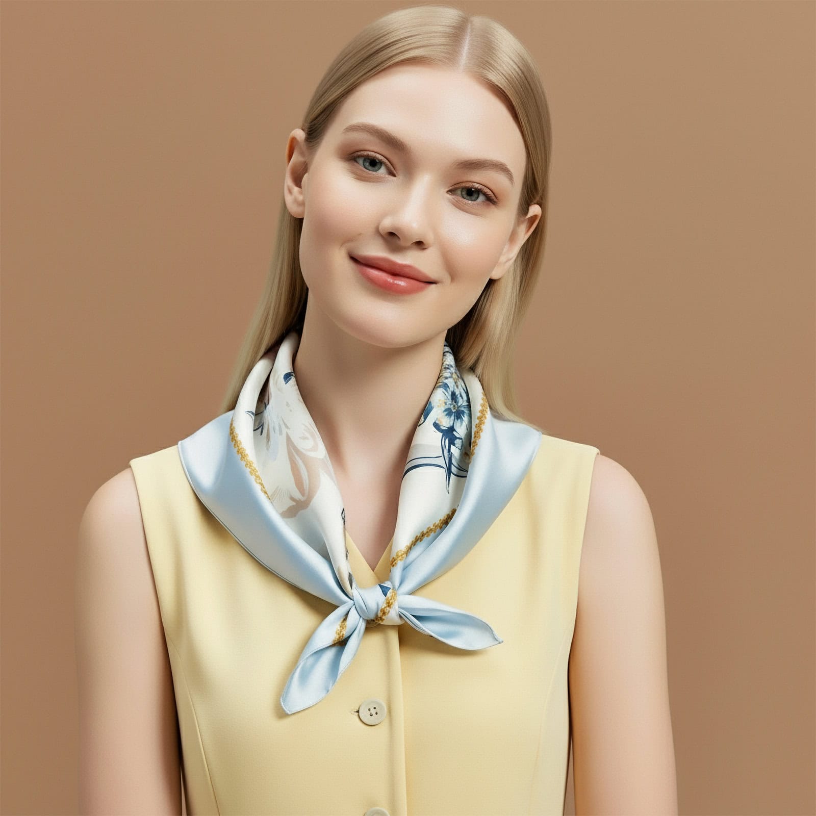 Close-up of model wearing the Wensli blue silk scarf from the Mengyao Collection