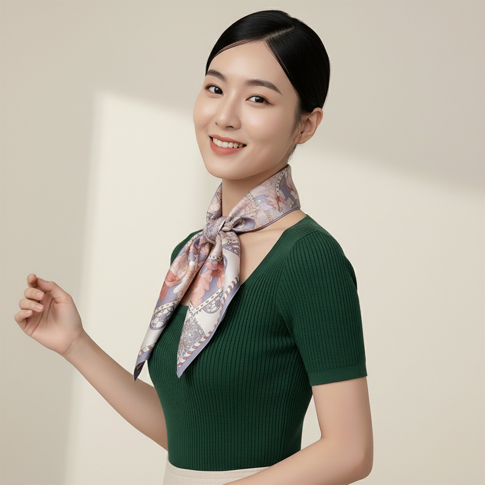 Elegant model smiling while wearing Wensli geometric silk square scarf, blending modern style and traditional Forbidden City design motifs.