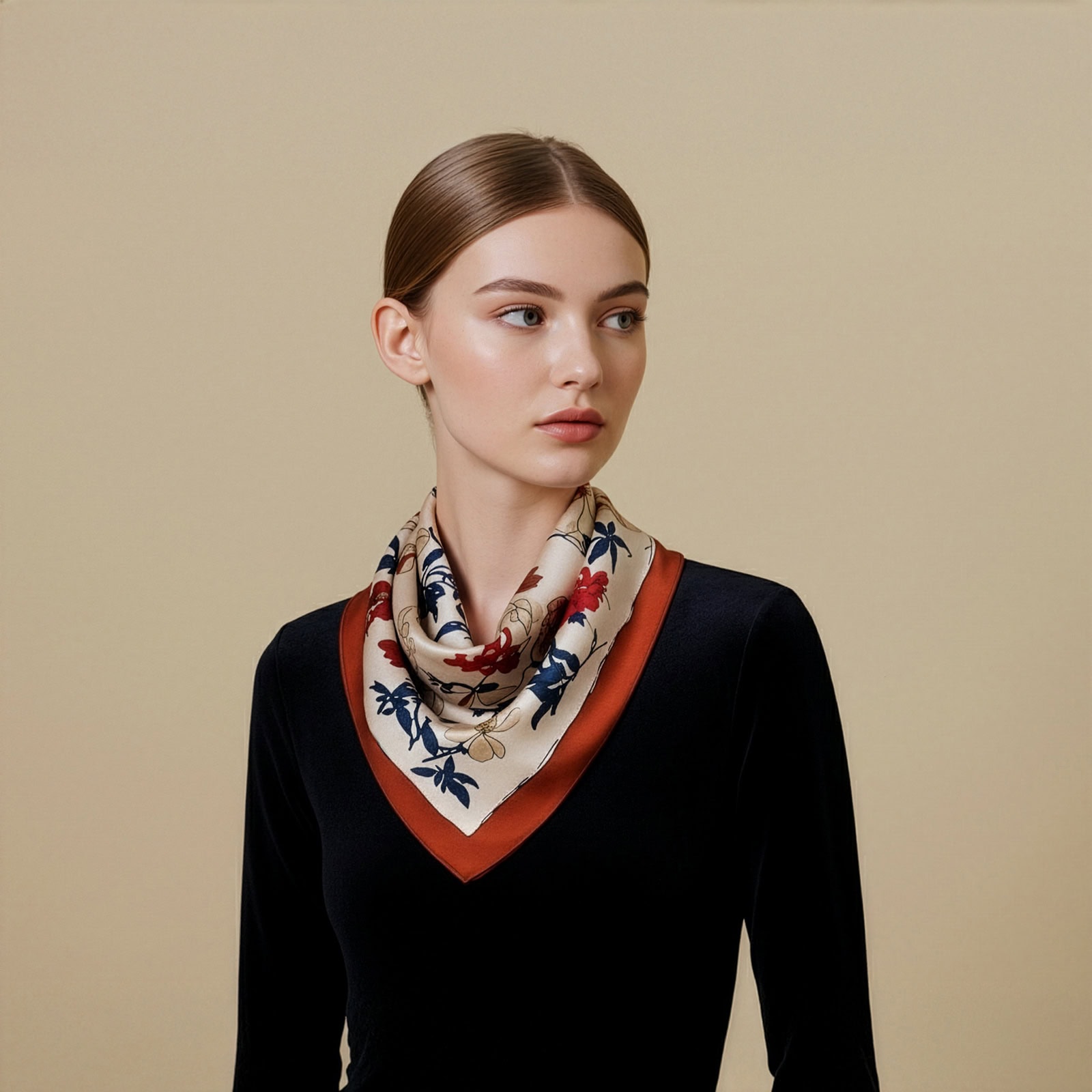 Elegant woman wearing Bloom Whisper Collection silk scarf from China in Plato colorway