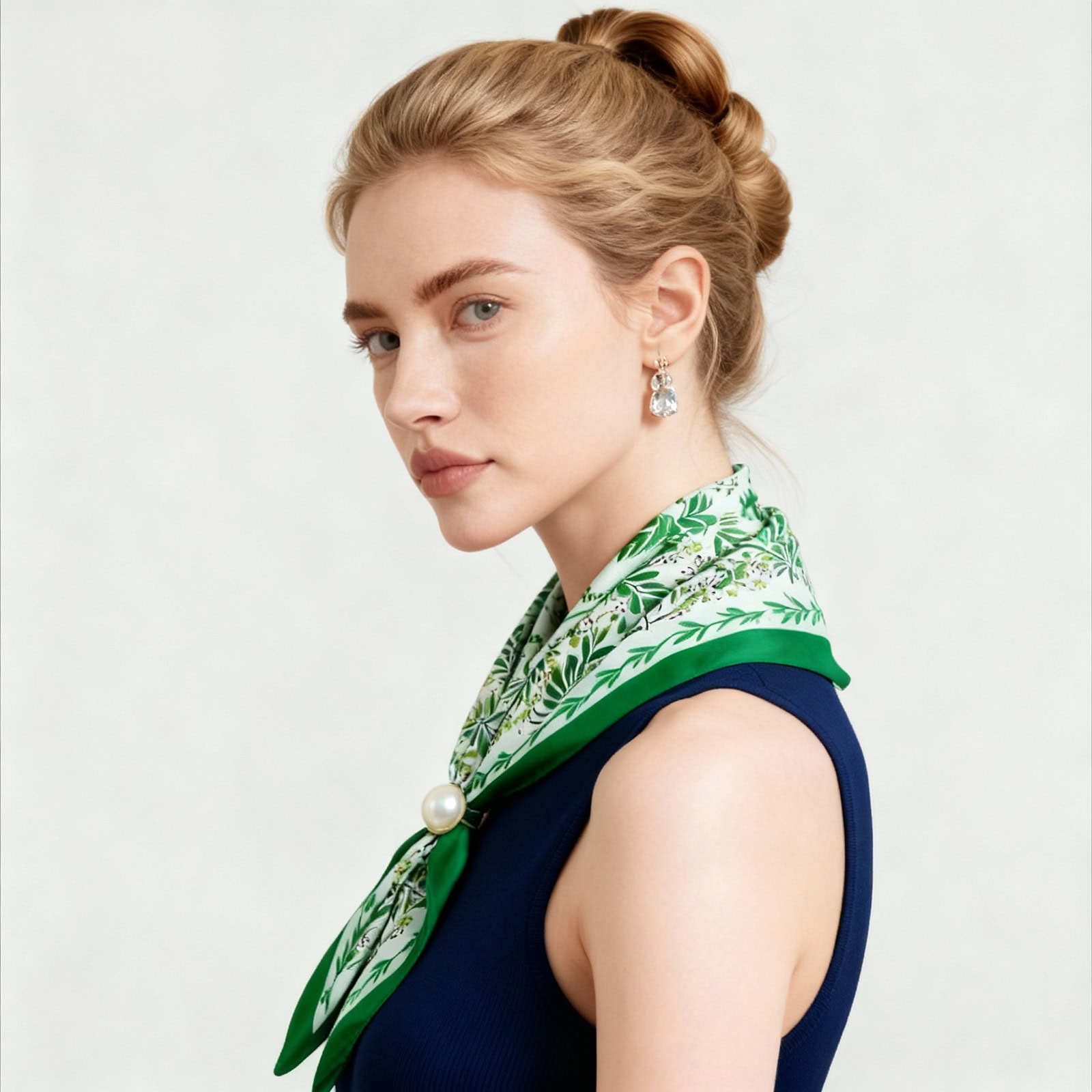 Elegant woman wearing Shanghai Story green silk scarf with botanical floral design