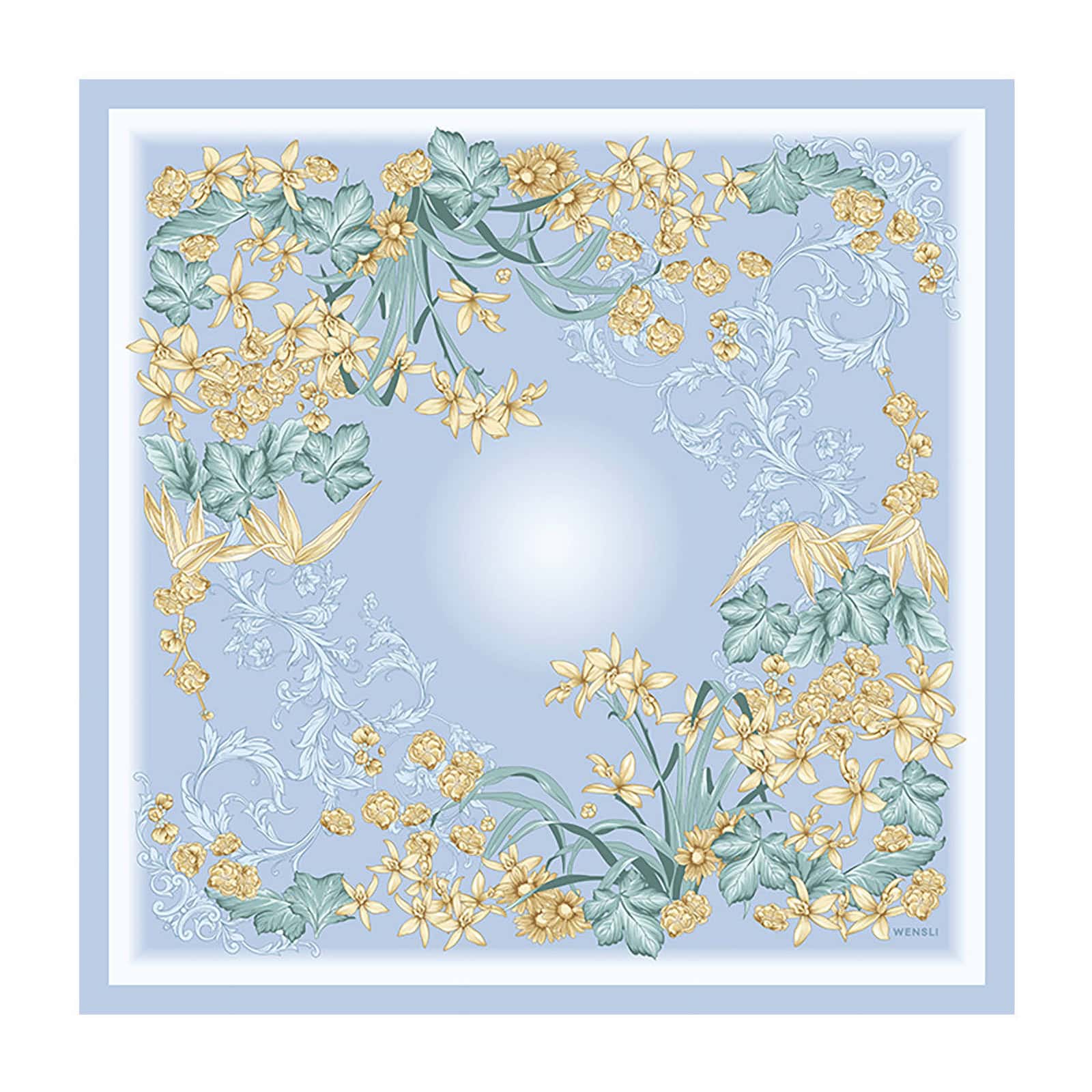 Flat-lay image of The Gentle Breeze floral silk scarf from Wensli