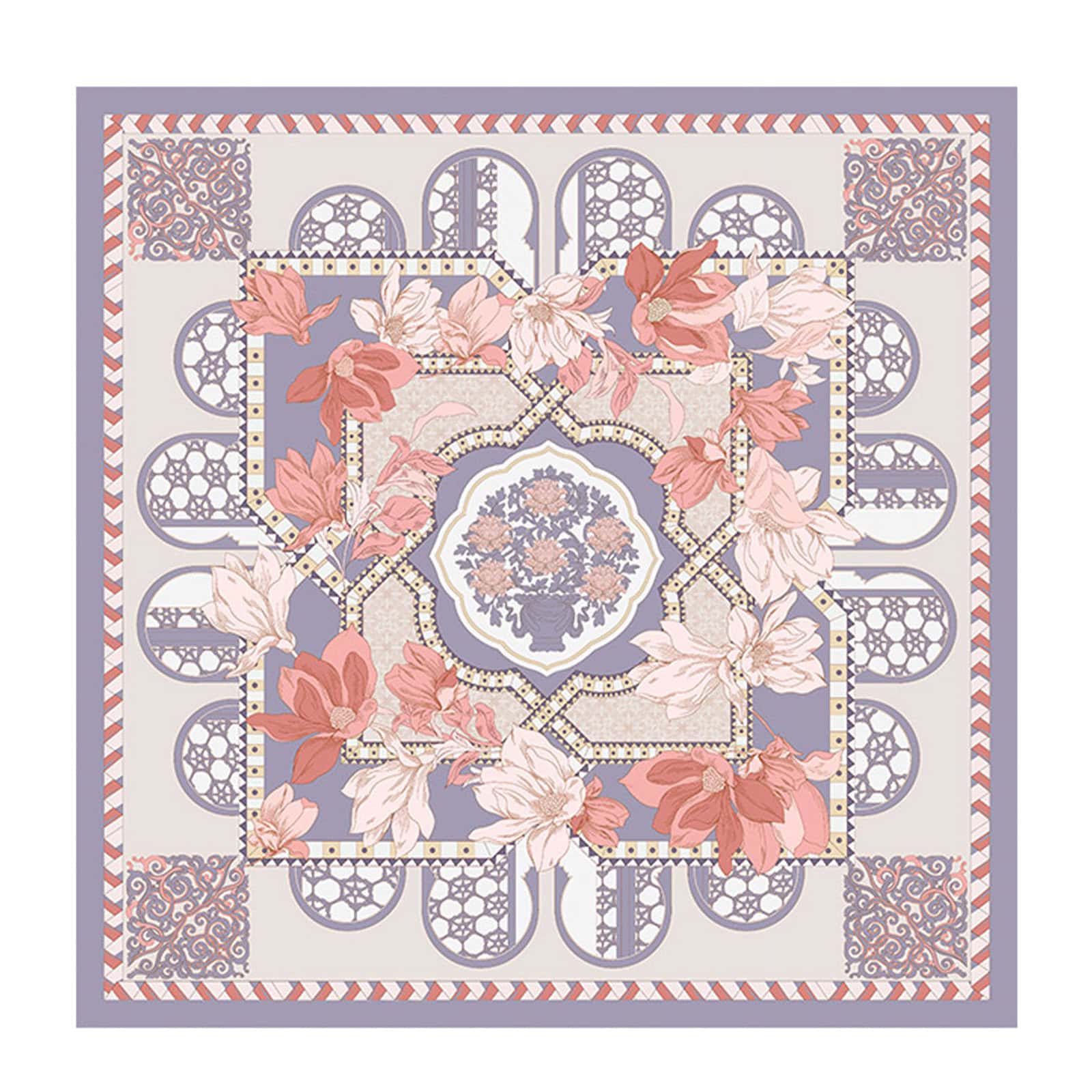 Flat lay of Wensli geometric silk square scarf inspired by 'San Jiao Liu Wan Linghua' from the Forbidden City