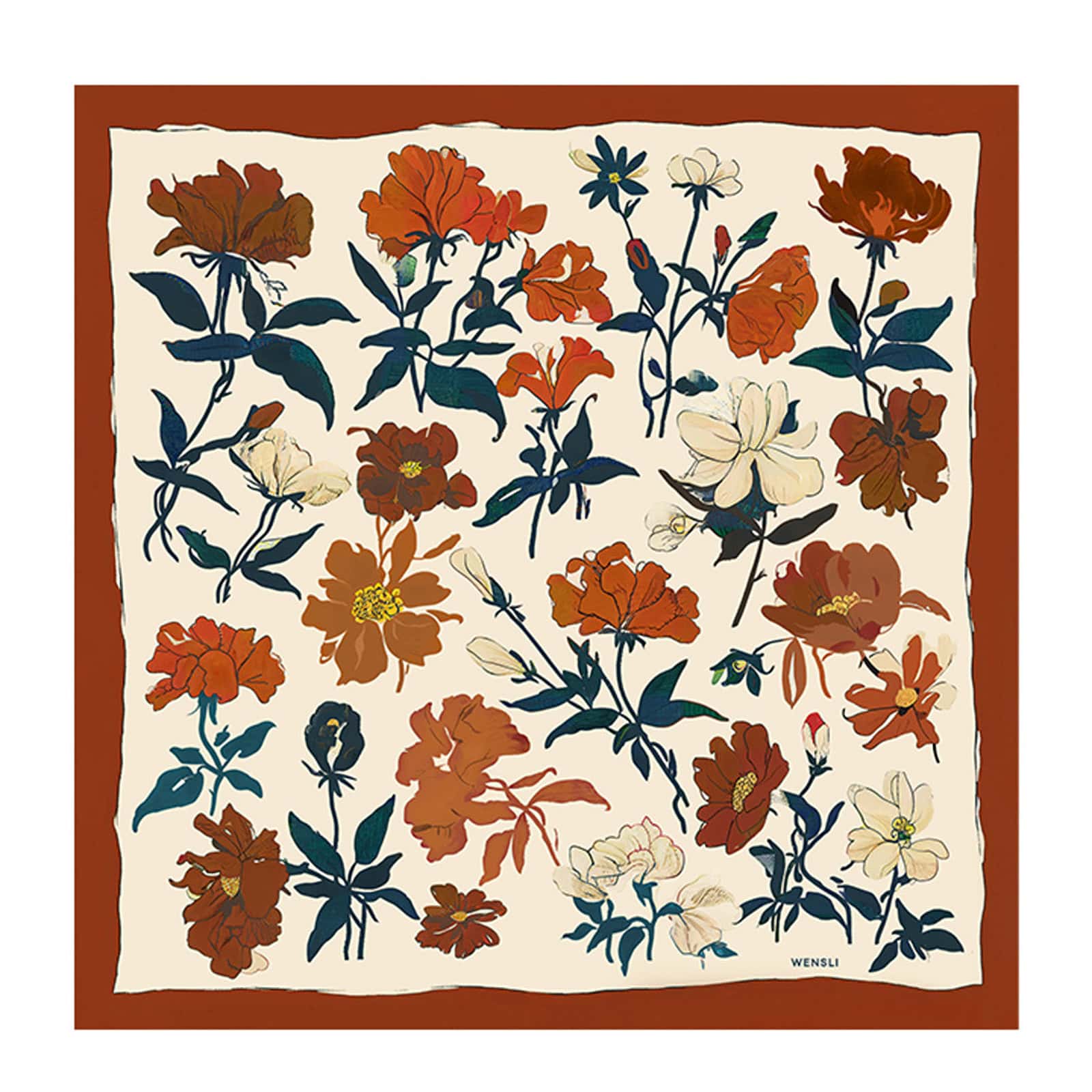 Flat lay of the Bloom Whisper square Wensli silk scarf from China, featuring intricate full-bloom floral patterns in warm tones