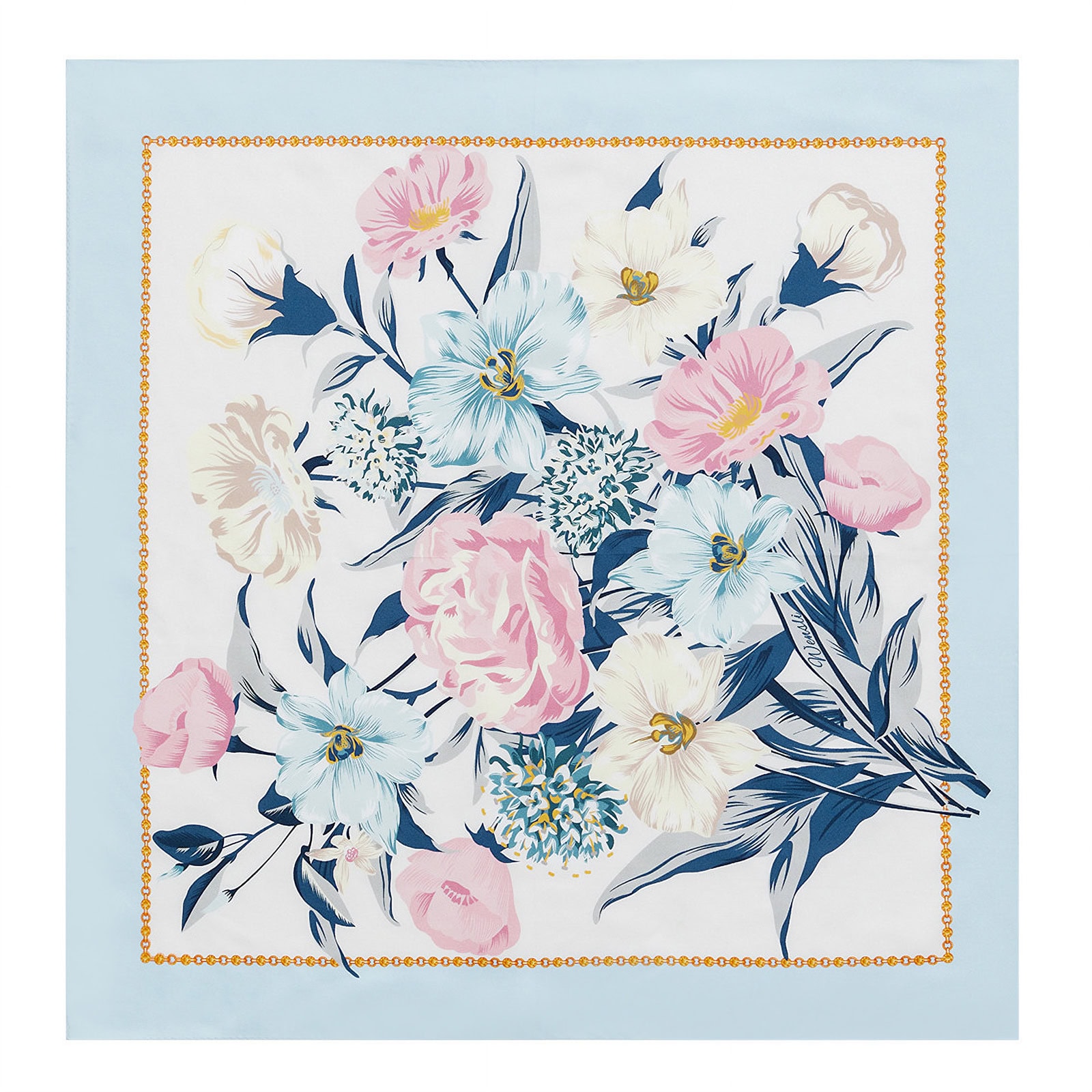 Flat lay of the Wensli blue and white floral silk scarf