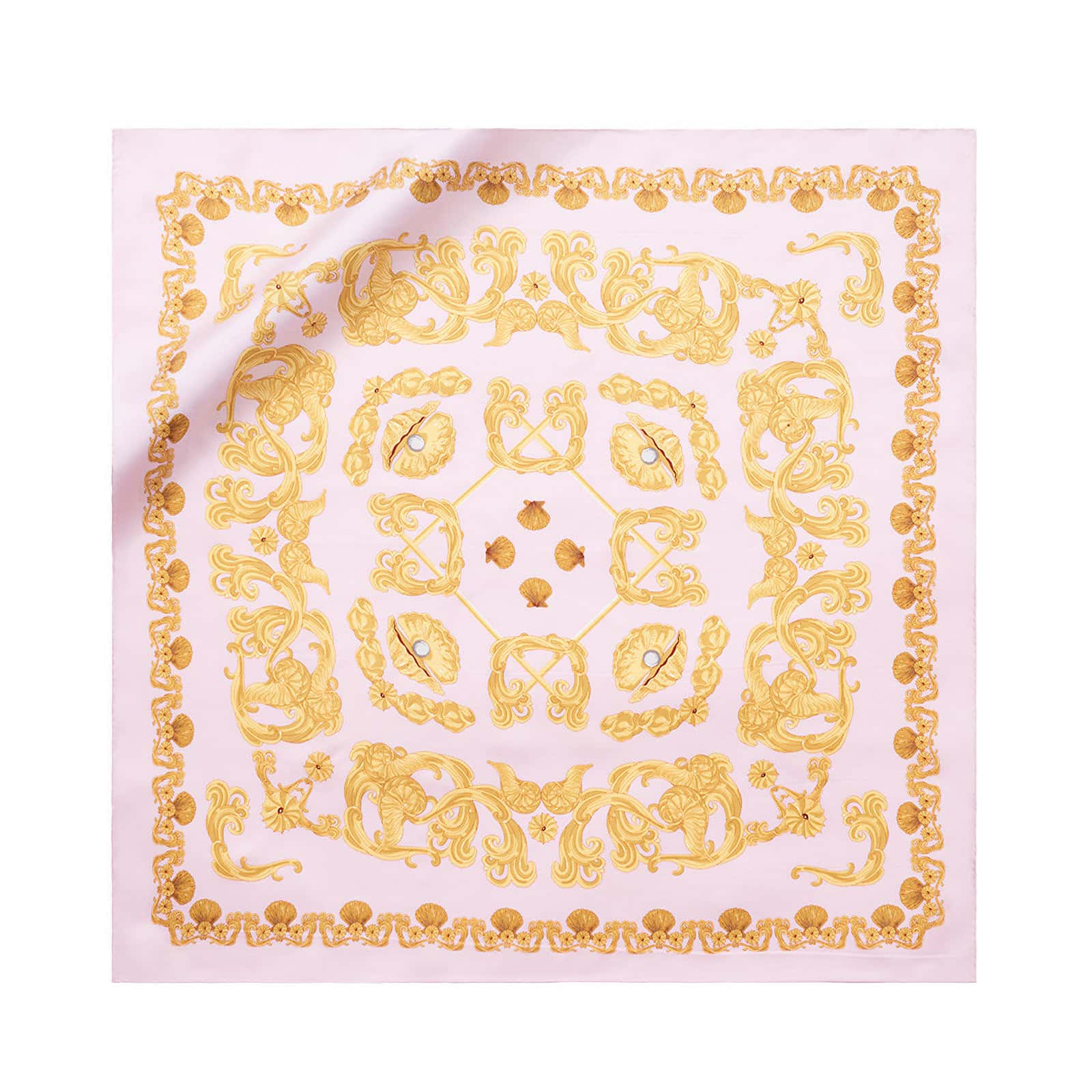 Flat lay of the Wensli small square silk scarf in blush pink with ornate golden shell and pearl motifs