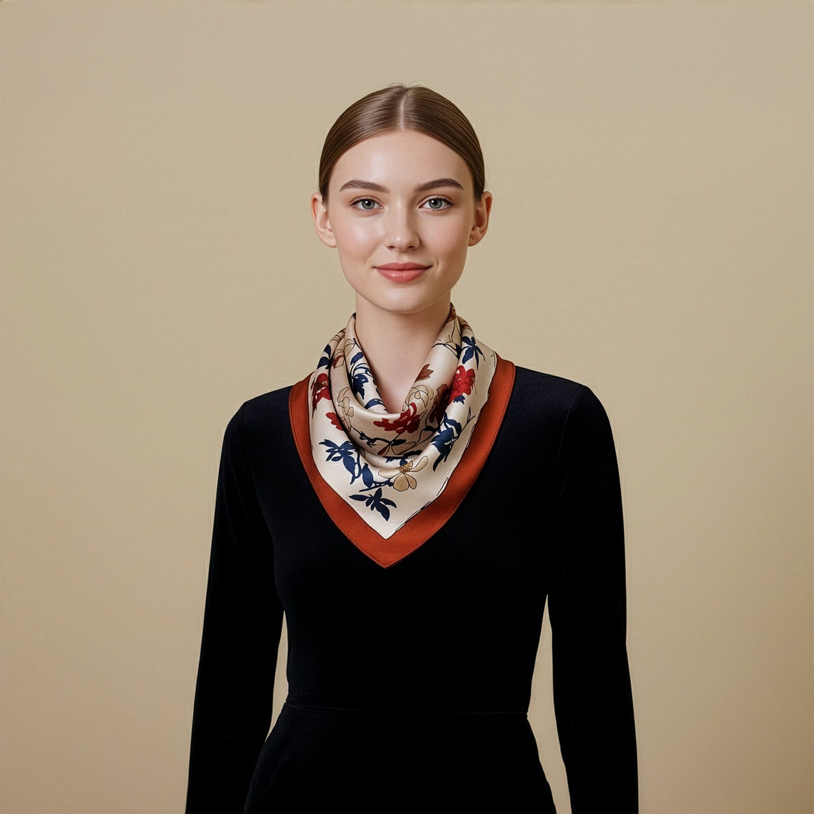 Front view of model wearing the square silk scarf from China, Bloom Whisper design by Wensli, highlighting its smooth drape and vibrant botanical print