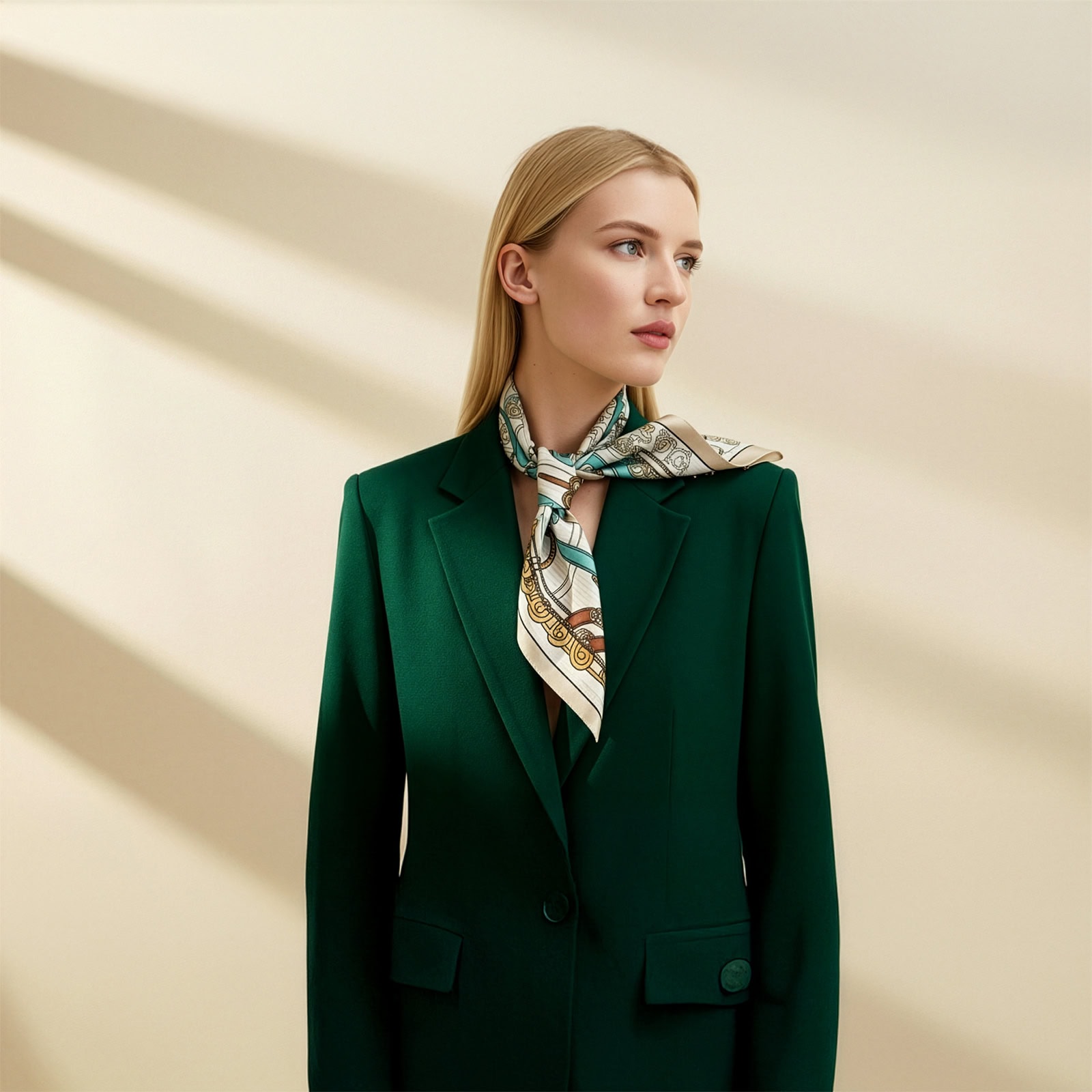 Model displaying Wensli square silk scarf in elegant fall-winter styling