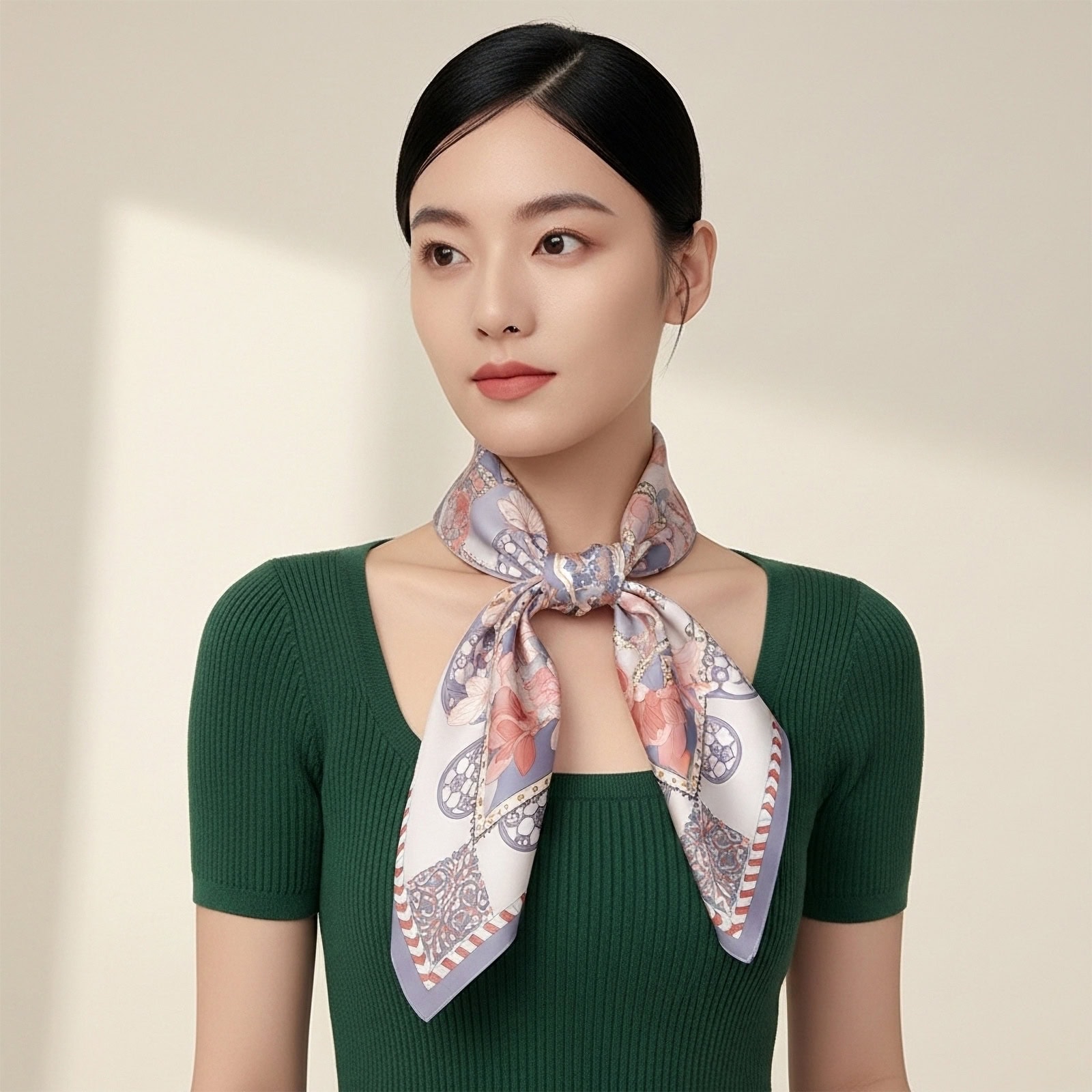 Model wearing Wensli geometric silk scarf inspired by the Forbidden City, showing elegant symmetry and soft silk drape.