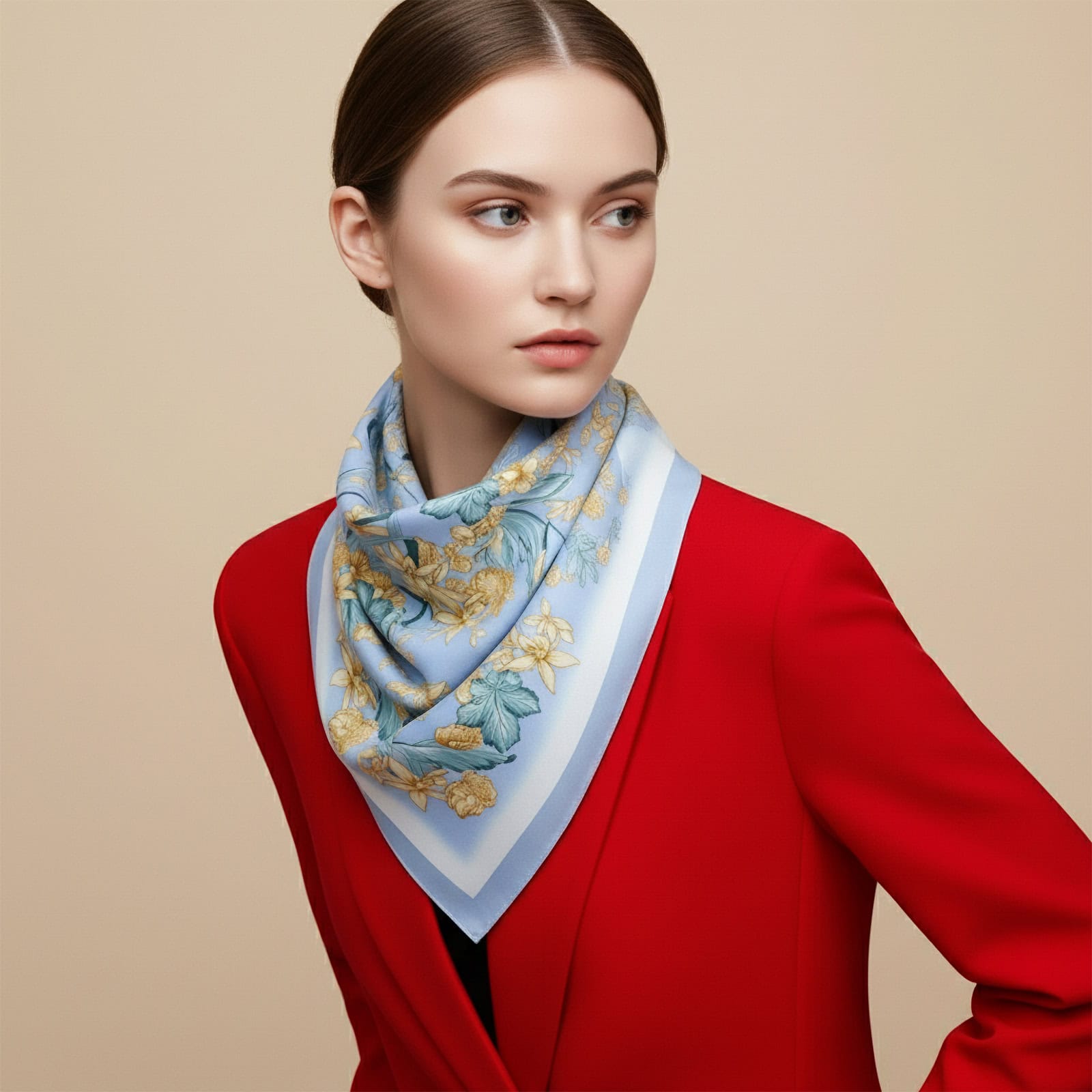 Model wearing a Wensli floral silk scarf from The Gentle Breeze Collection, styled in a triangle fold over a red top