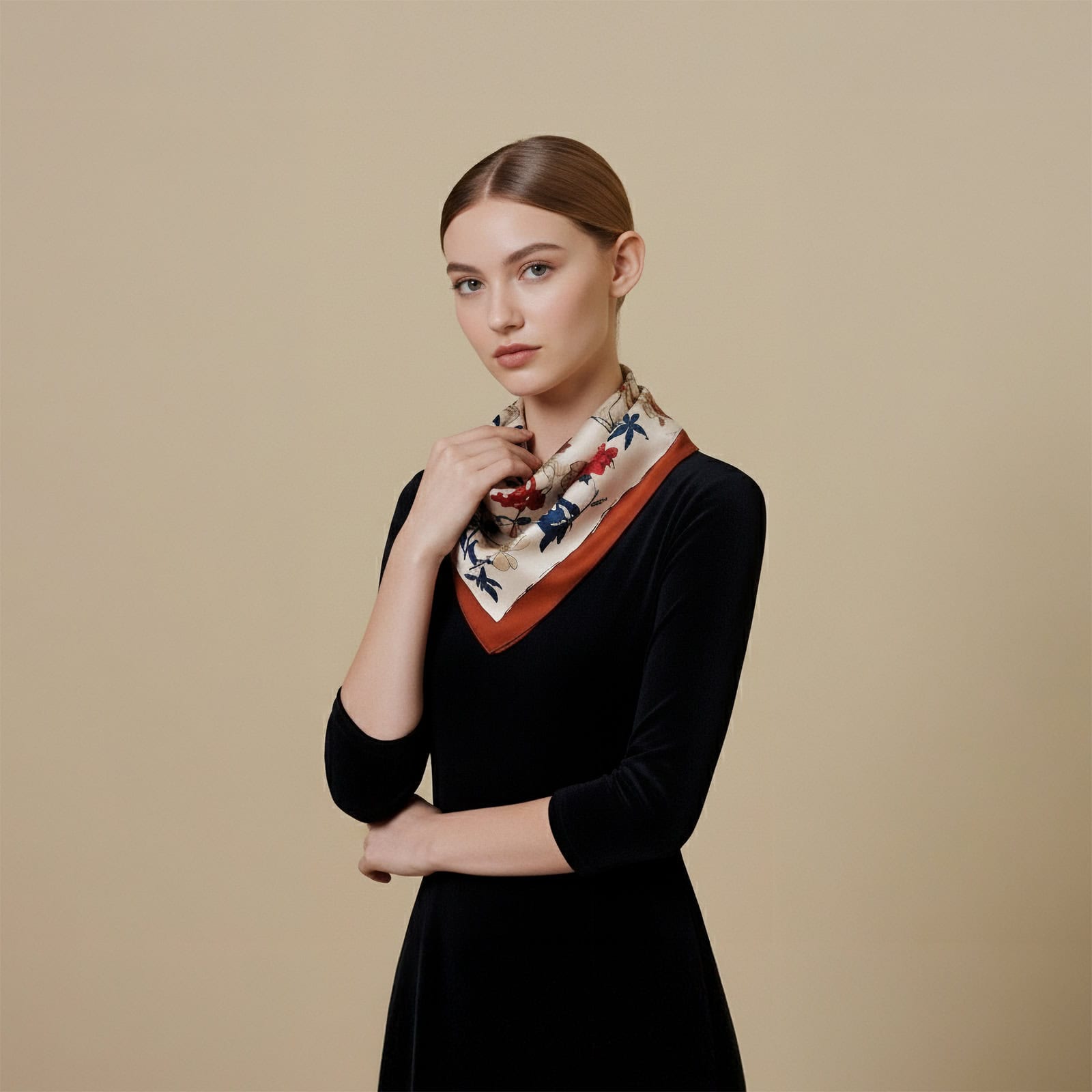 Side profile of model wearing the women’s silk scarf from China, Bloom Whisper Collection