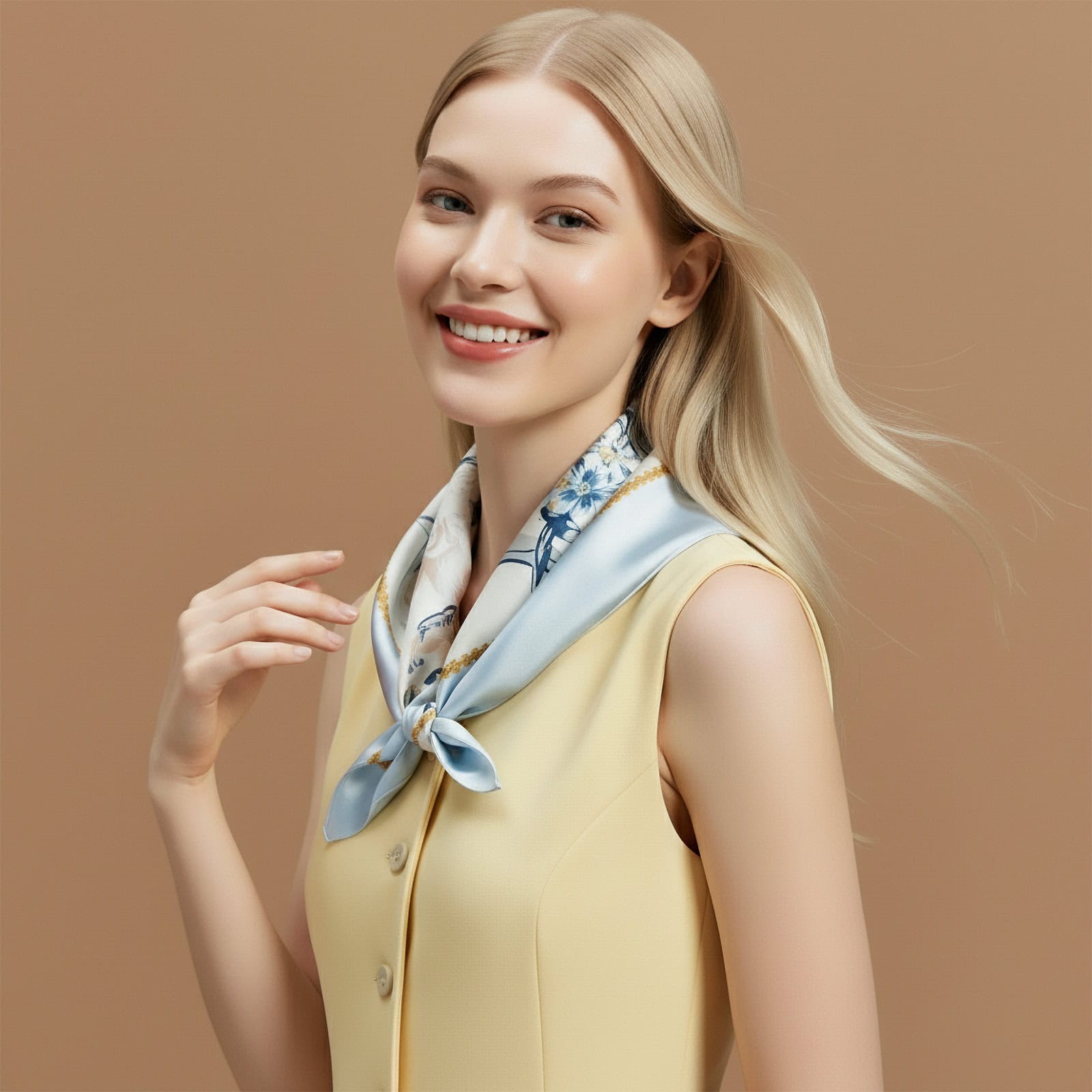 Side view of model wearing the Mengyao Collection light blue silk scarf from Wensli, featuring graceful floral prints inspired by blooming petals