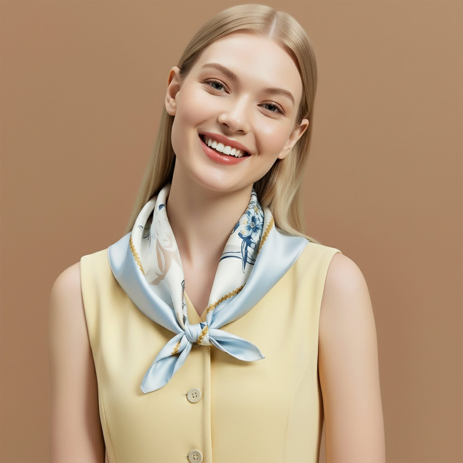 Smiling woman modeling the Wensli light blue silk scarf with delicate blue and white floral patterns, showcasing the soft sheen and refined craftsmanship