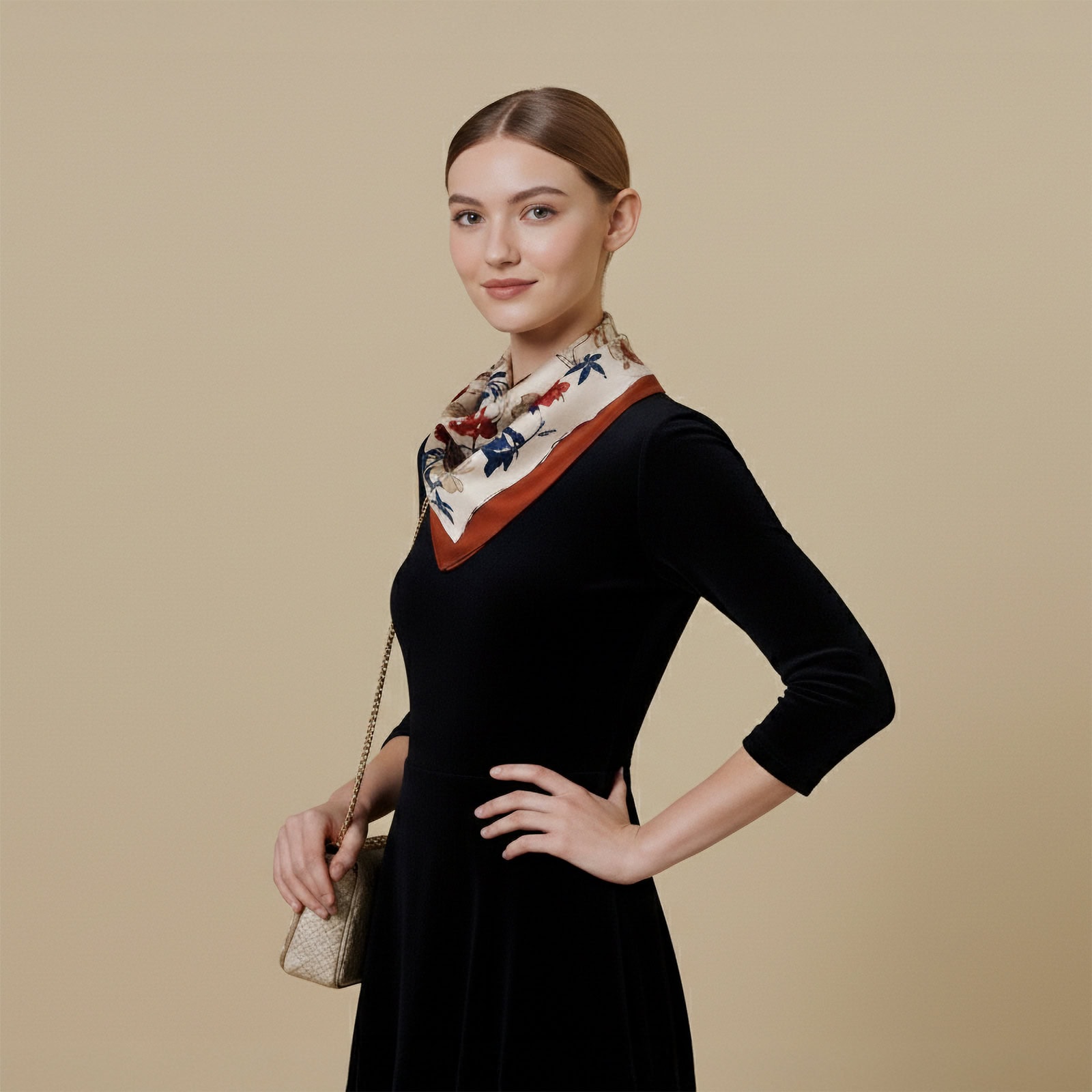 Stylish woman carrying a handbag and wearing an elegant Wensli silk scarf from China