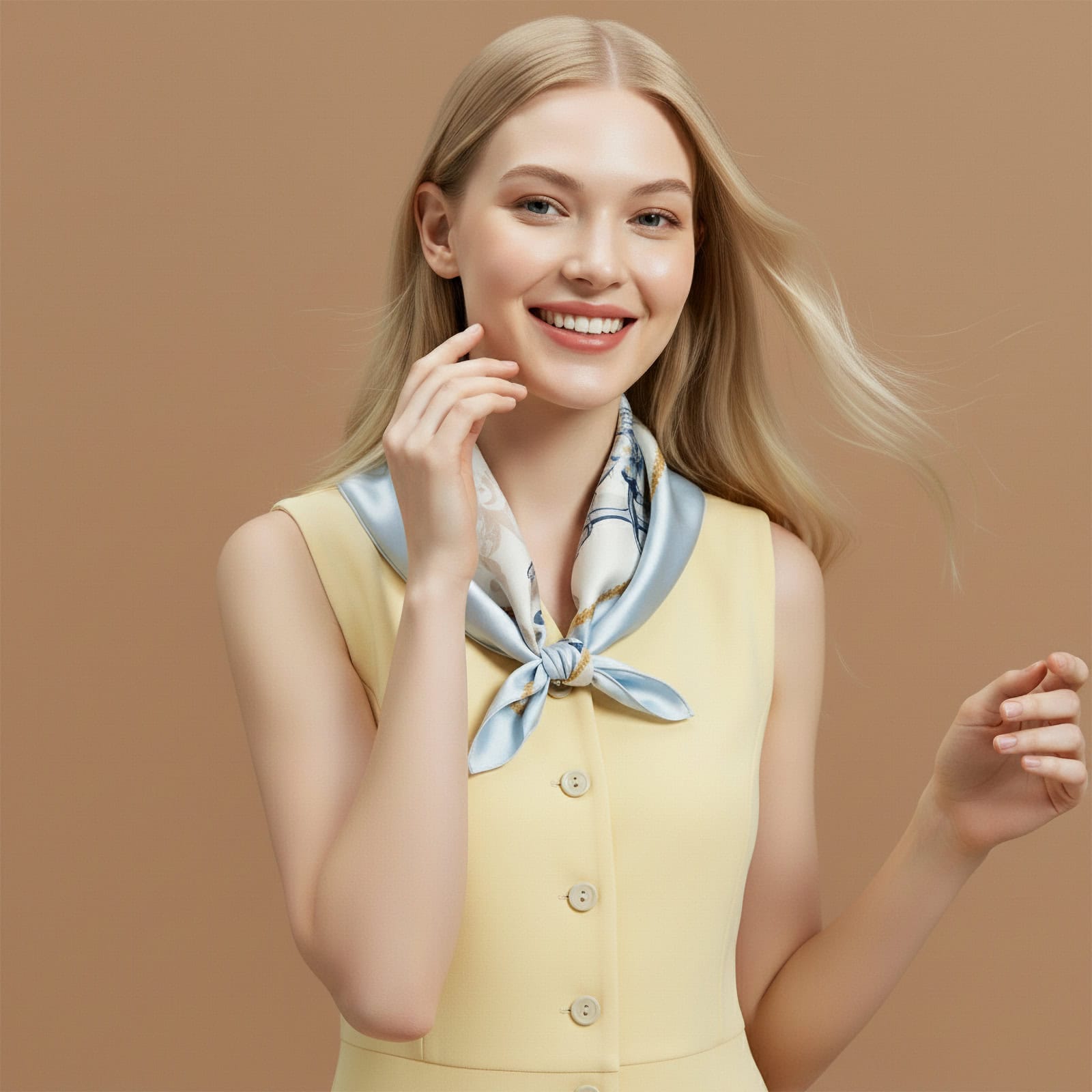 Wensli Mengyao light blue silk scarf tied at the neck, featuring intricate floral artwork and a luxurious smooth finish in 100% mulberry silk