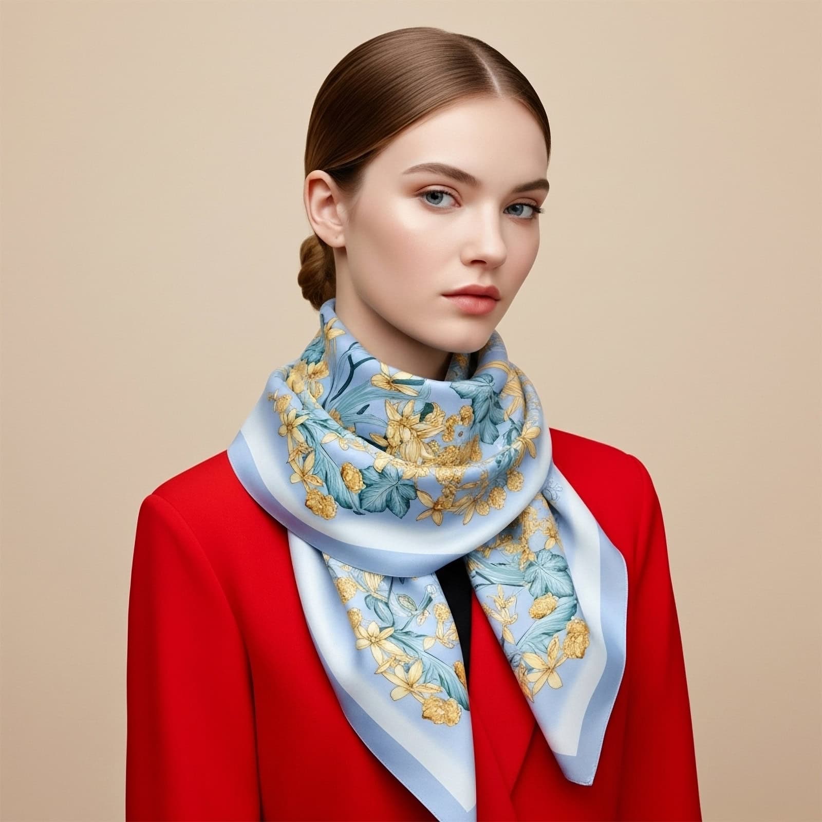 Wensli floral print silk scarf elegantly wrapped around the neck