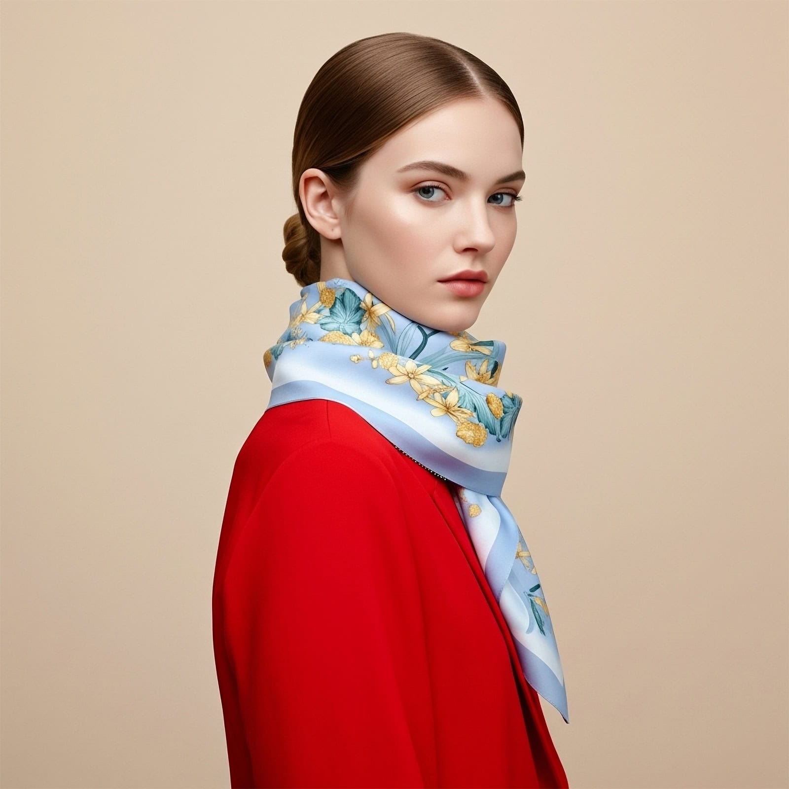 Wensli floral silk scarf showing fine twill weave, delicate floral patterns, and silky double-sided finish