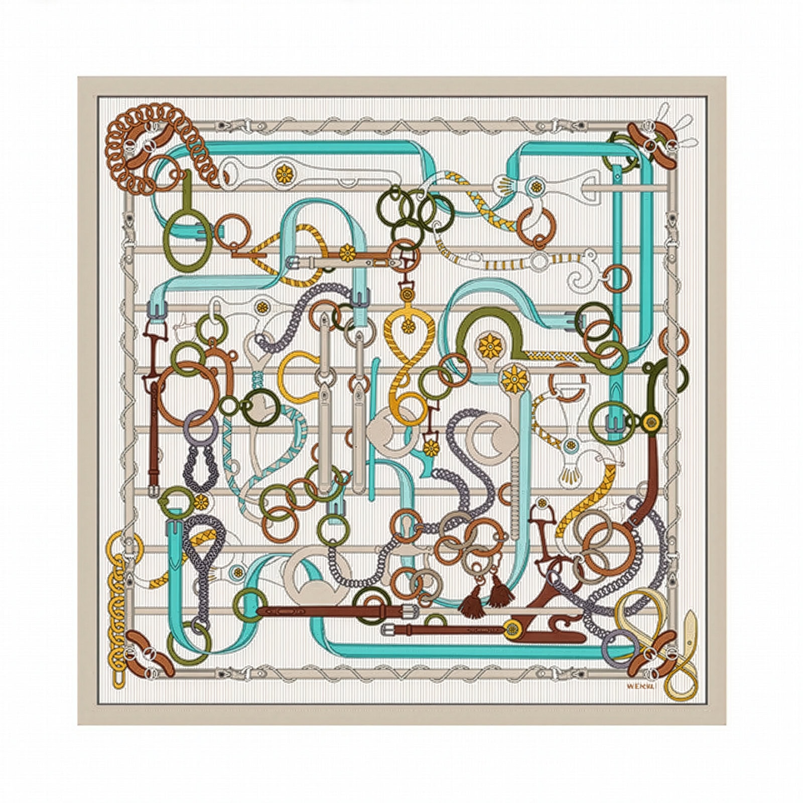 Wensli silk square scarf flat lay showing intricate belts, locks, and rings motif in earthy tones