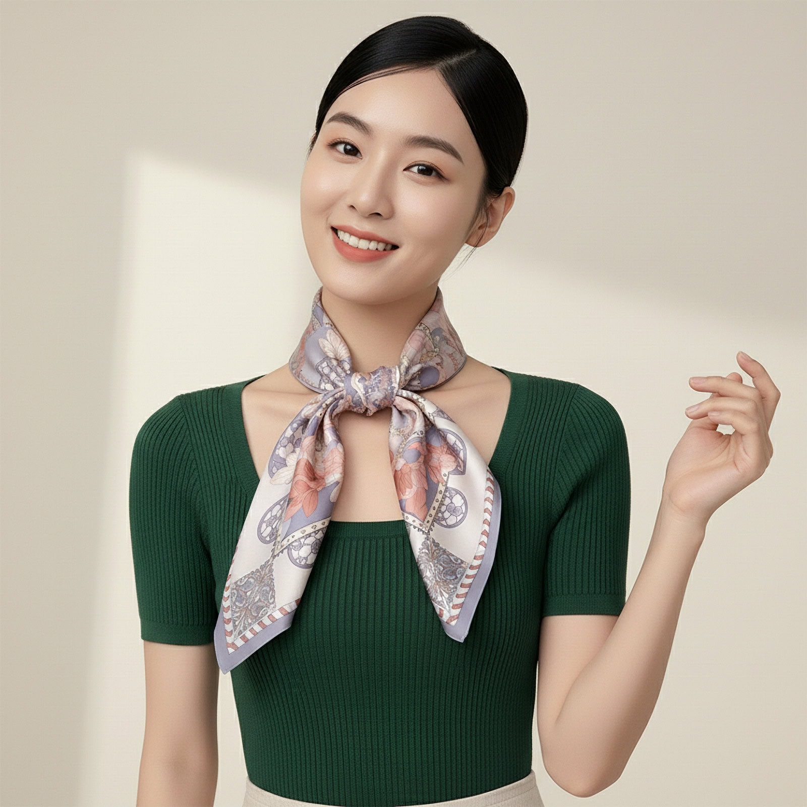 Wensli women’s square scarf featuring refined geometric patterns and harmonious colors