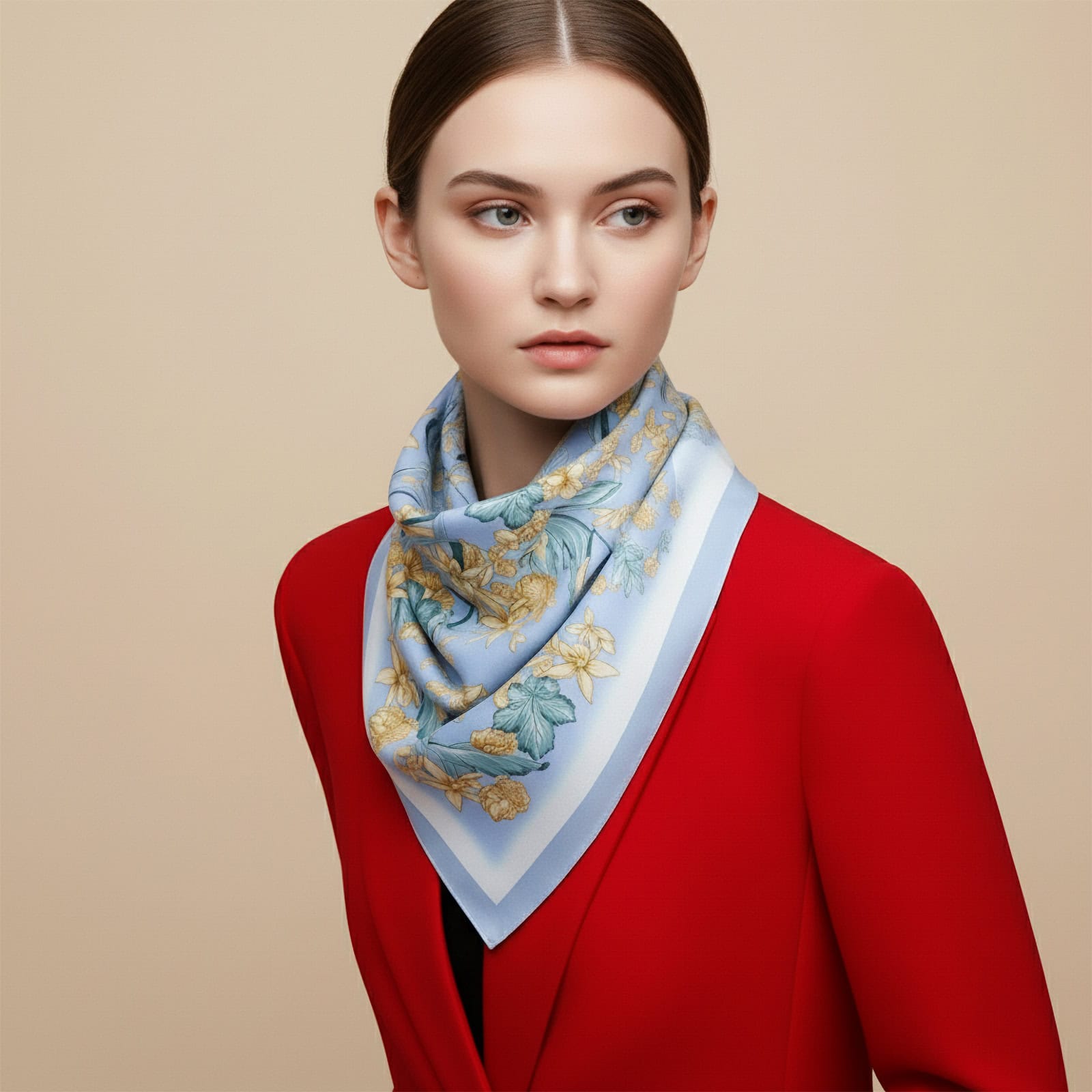 Woman in red outfit modeling The Gentle Breeze floral silk scarf