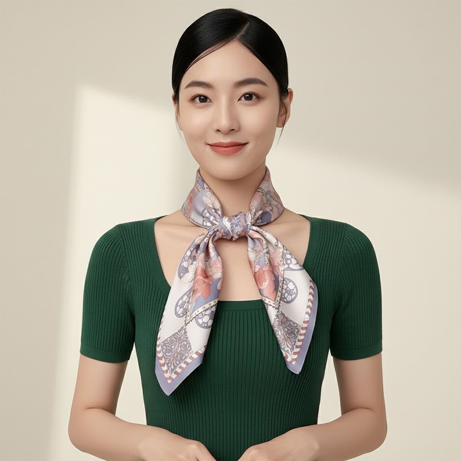 Woman wearing Wensli geometric silk neck scarf, showcasing the scarf’s luxurious sheen and exquisite craftsmanship