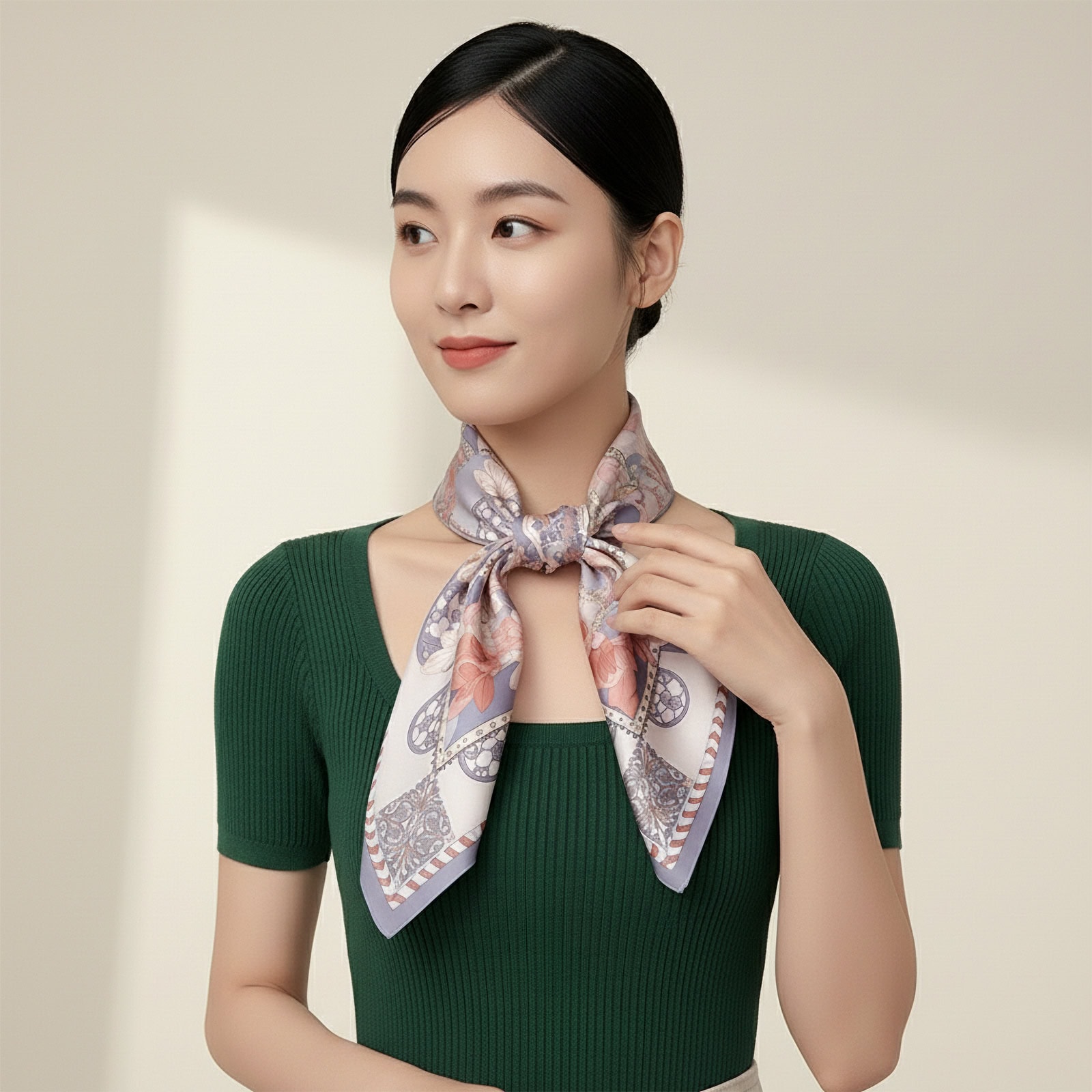 Woman wearing the Wensli women’s square scarf with geometric pattern inspired by the Forbidden City, styled in a graceful silk knot around the neck.