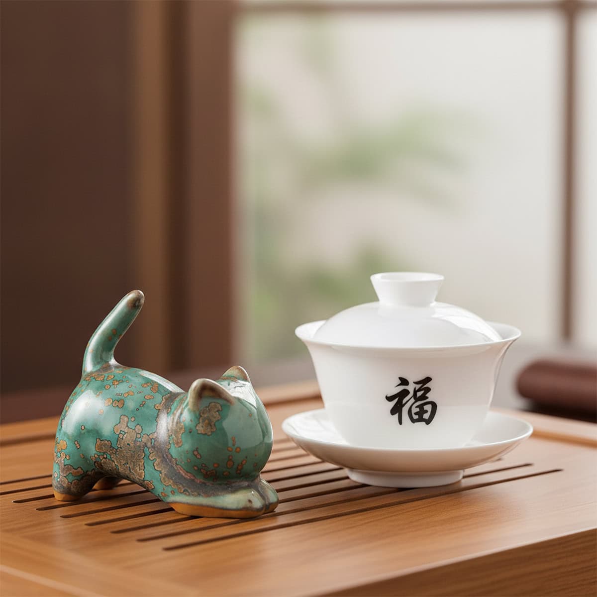 Cat shaped Chinese tea pet placed next to white gaiwan on bamboo tea tray